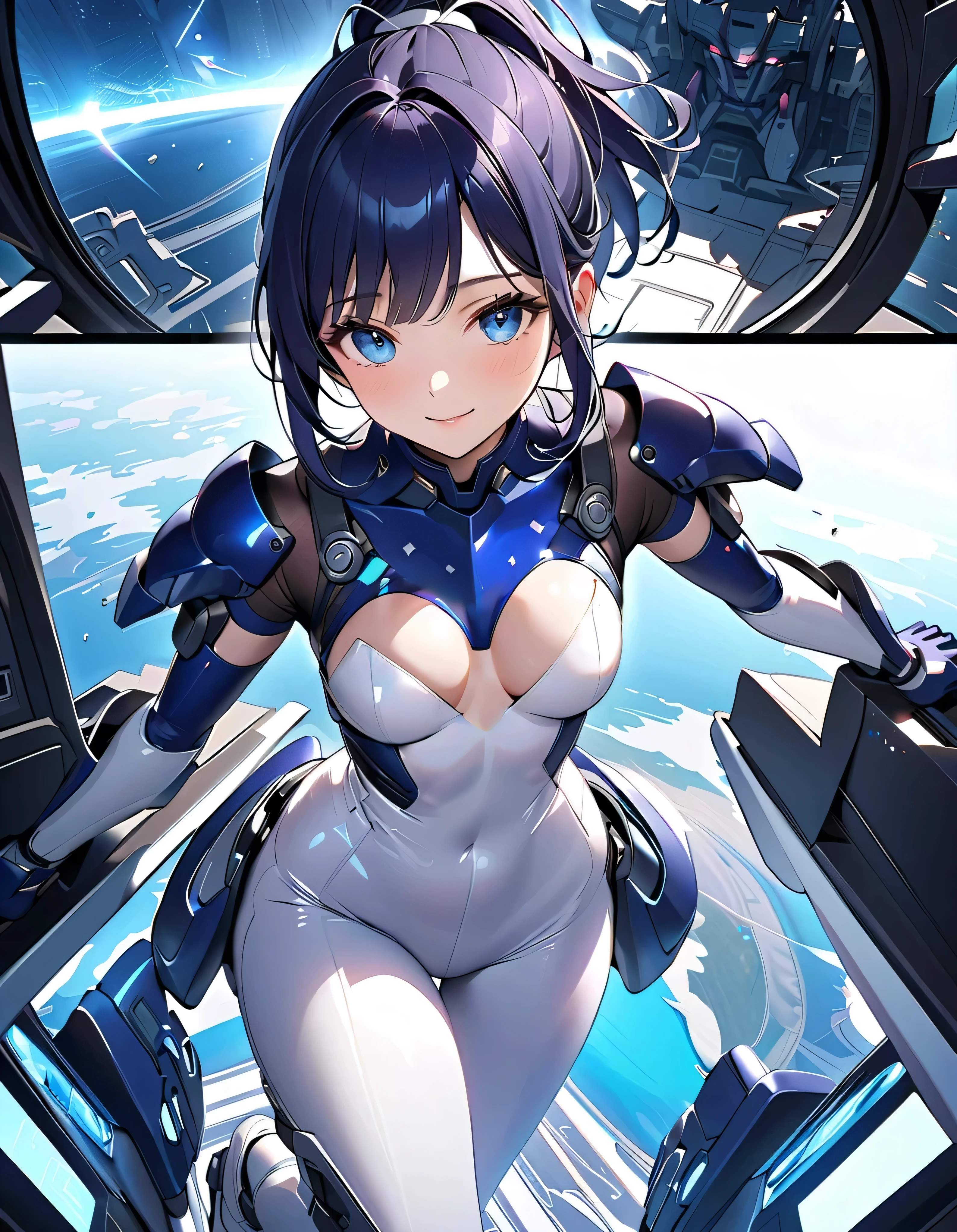 masterpiece, highest quality, highest resolution, clear_image, Detailed details): (alone, lonely girl, Japanese face, Blue-haired girl, short hair, full body figure, large size of breasts, Glowing blue colored eyes, White and blue pilot suit in metallic tones, black color, tight fitting clothes, clothes that cover the whole body, beauty, A body of about 70 kg, exoskeleton, knee boots, heroine, On your back, Thighs open from side to side, Arm-length gloves, headset)