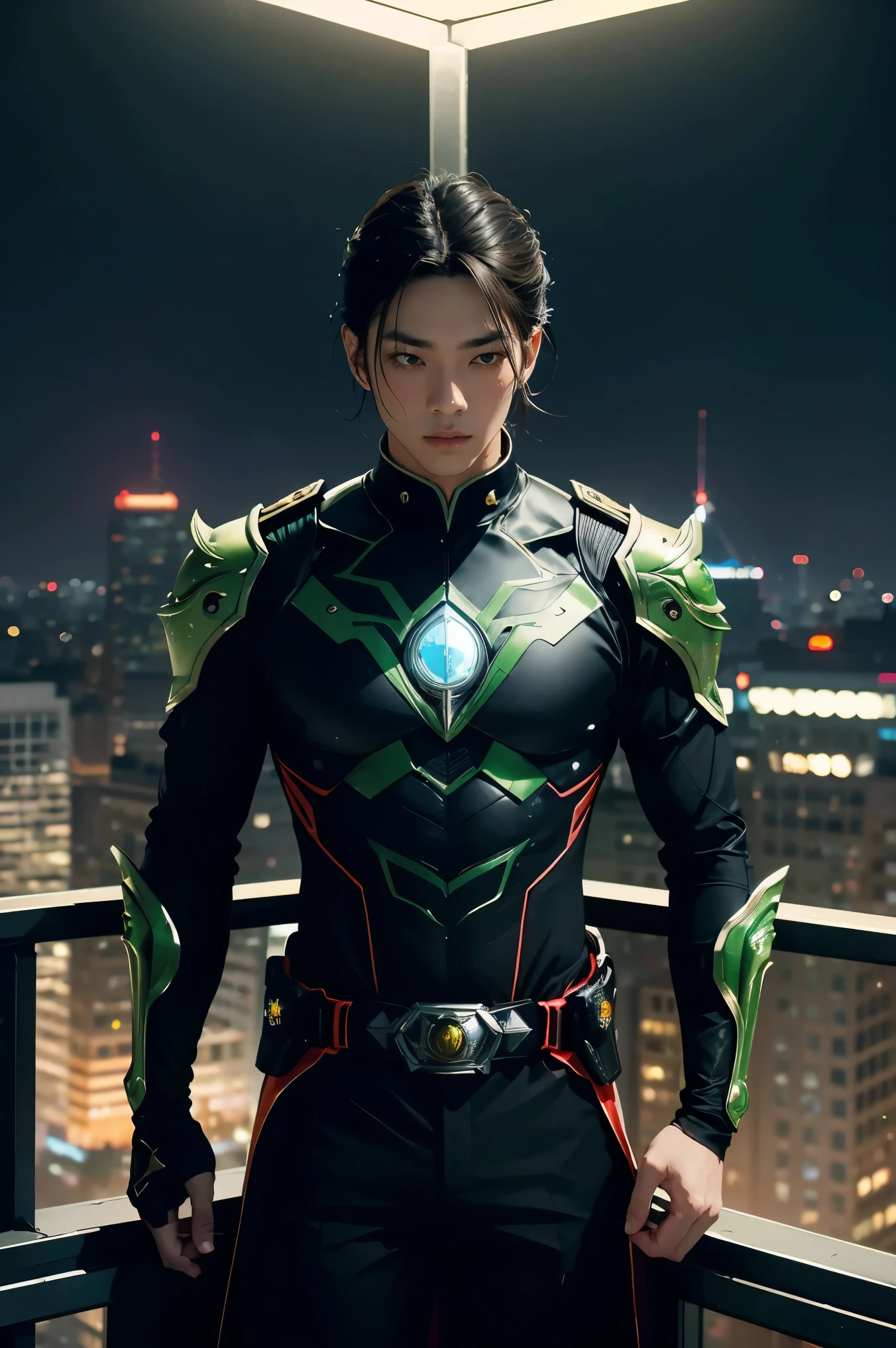Atop a tall building, a hero sits calmly, blending with the beauty of the city shining below. His black and green Kamen Rider RX costume stands out, with its sleek design and glowing red eyes that pierce through the night. The intricate details of the armor and the iconic belt add a sense of power and resilience to his vigilant posture. He observes the bustling life beneath him, embodying an unseen guardian ever-present. The cool night breeze gently blows, carrying the city's aroma and faint sounds, creating a symphony of nature and urban life. In this quiet moment, there is a sense of peace and strength radiating from him, crafting a scene filled with emotion and harmony with his surroundings.
