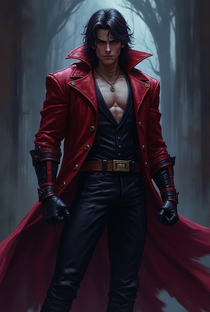 (realist) Attractive man between 28 and 3, Tez blanca, scars on the body, shoulder length black hair, gathered in a half ponytail, covered only with a red cloth, naked torso, MUSCLE AND TALL (210 cm approximately) marked features, leader of a secret organization, Middle Ages, black eyes, without facial veil