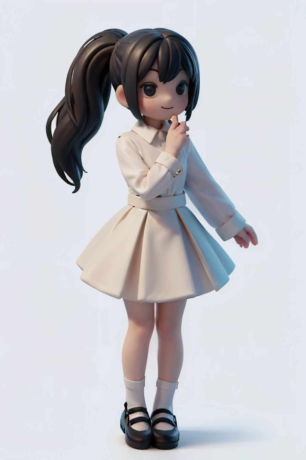 a girl smiling, ponytail, white long skirt, white long sleeves shirt, mary_janes, stand up, full body, no background