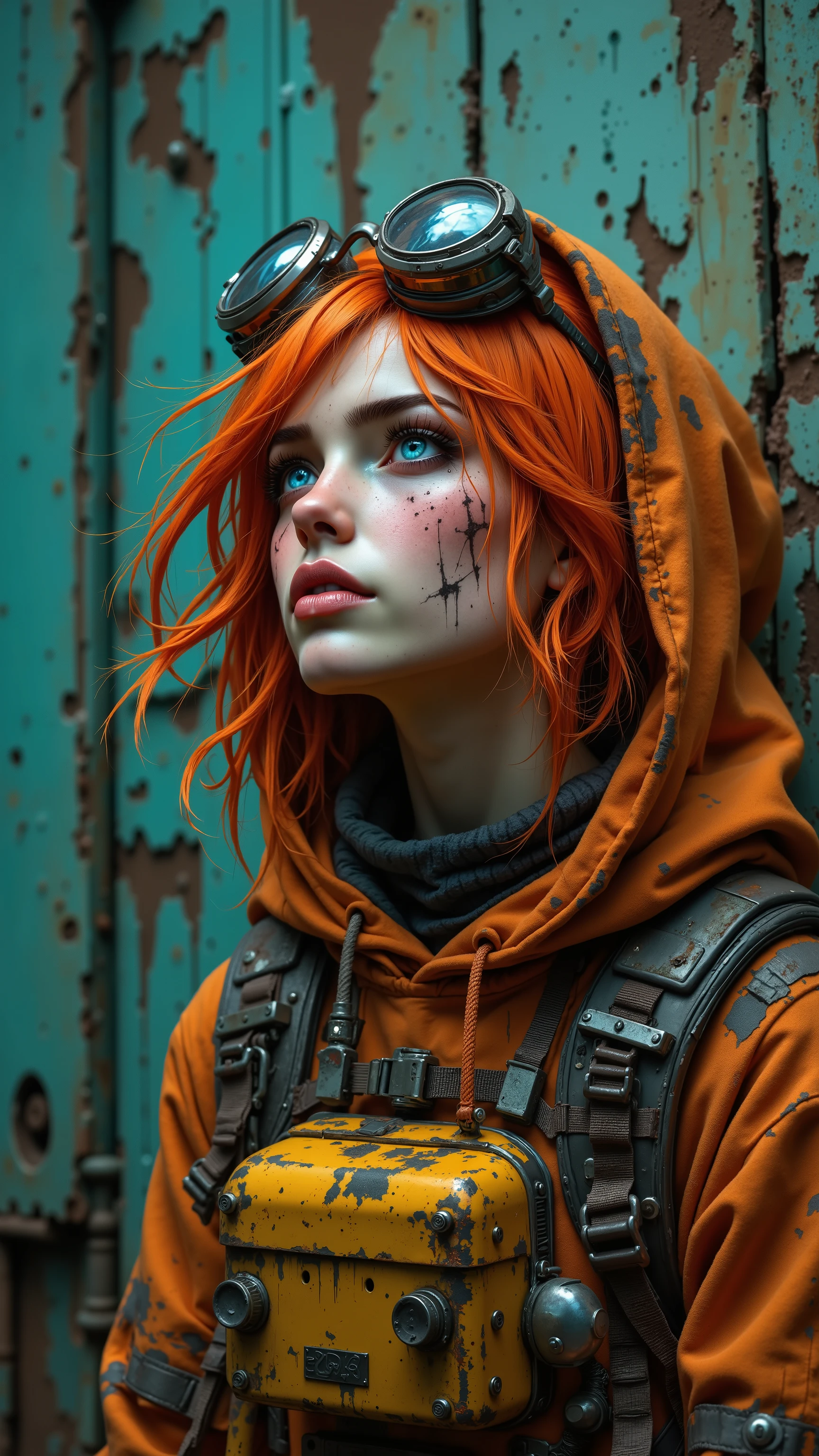 8k, masterpiece, highest quality, Low-angle, upward gaze, orange hair, large goggles, worn metal, yellow device, orange hoodie, dark patches, backpack, contemplative expression, textured turquoise wall, peeling paint, grunge, fantasy, steampunk.