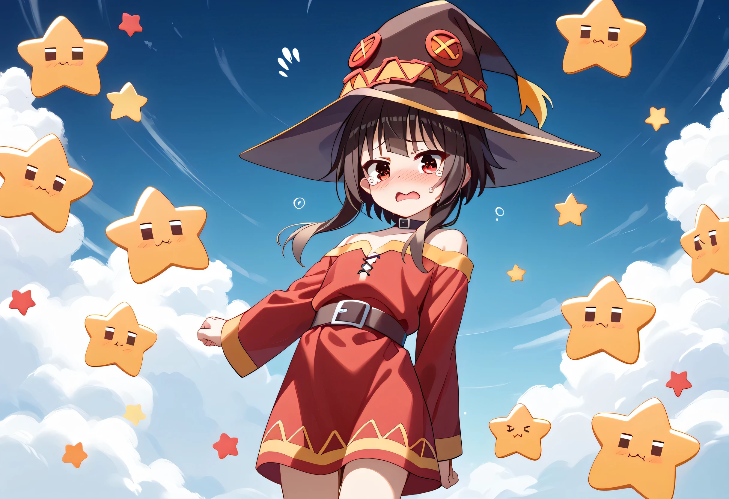 anime girl wearing a witch hat、Megumin、 Flirty anime witch chanting magic 、Konosuba anime style、 anime style 4k、 anime moe art style 、 cute girl anime visual、Black-haired mage、 red eye、Teary-eyed、 beautiful background, ( sky full of stars、 full of hearts ), full body, embarrassed face、 Please Open Your Mouth 、 arched back、Please keep your hands behind your back。