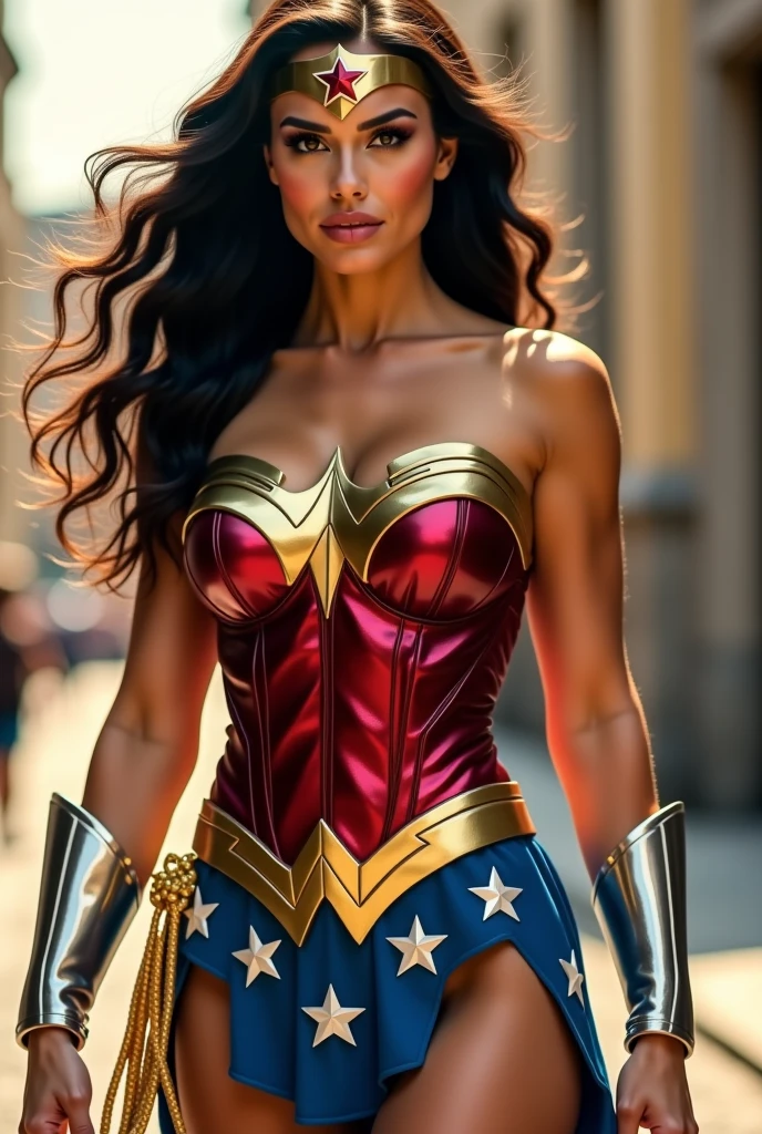 Sexy Wonder Woman , softly smiling, standing in Central Park