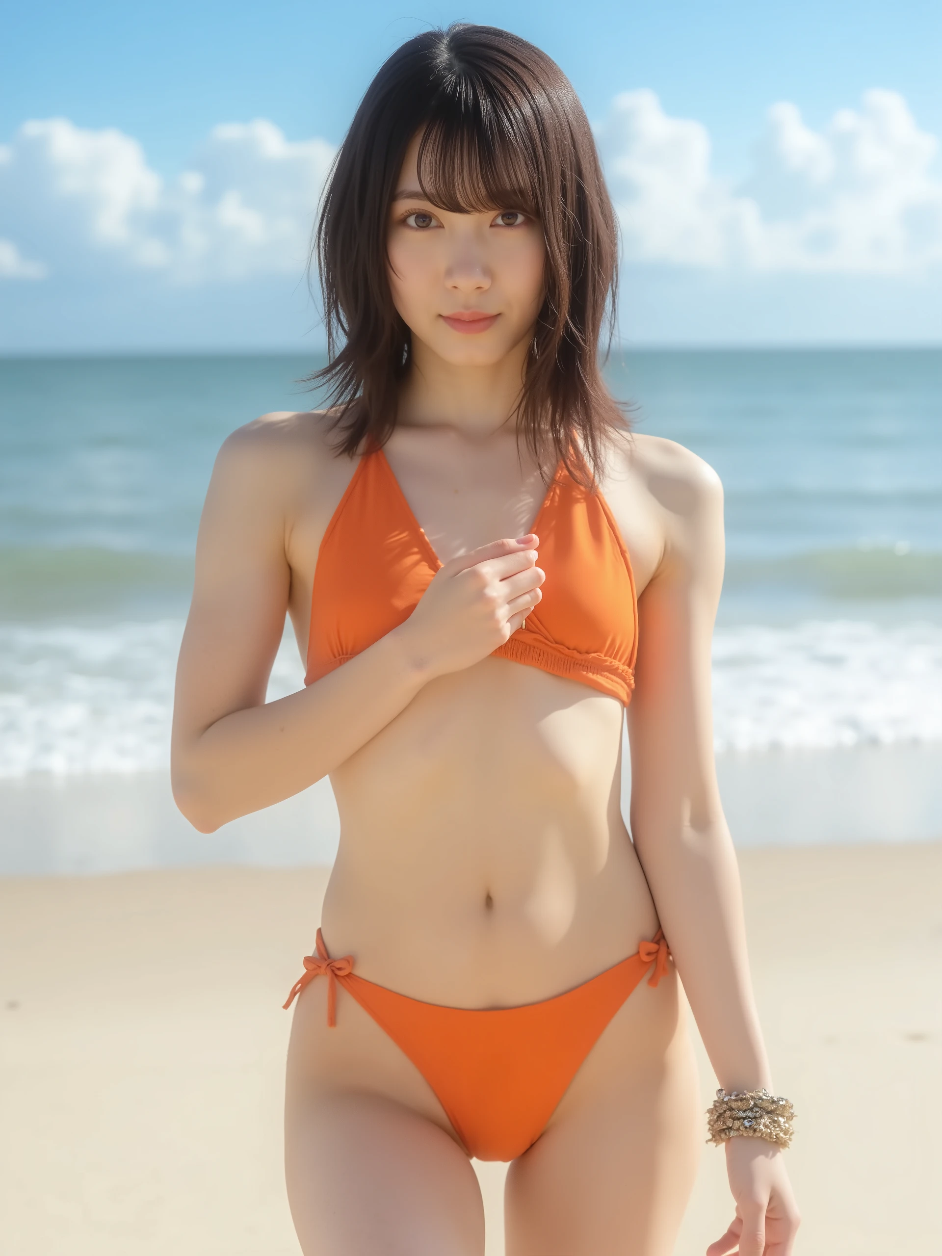High resolution photo of Japanese actress, (Real, photorealistic: 1.2), (Top quality, masterpiece), RAW photo, Intricate details, Highly detailed, Extremely detailed, Sharp focus, (Full body, front shot: 1.4), Staring at the camera, Alone, Alone girl, Sensual pose, (((Orange color sexy micro bikini))), Beautiful breasts, (Has bangs, Dark brown medium hair), (Detailed face, Beautiful detailed eyes, Beautiful dark brown eyes, Refined nose), (Standing on the beach,), Perfect anatomy, Perfect hands, Photo background, Outdoors, Sandy beach, Blue sky and clouds,