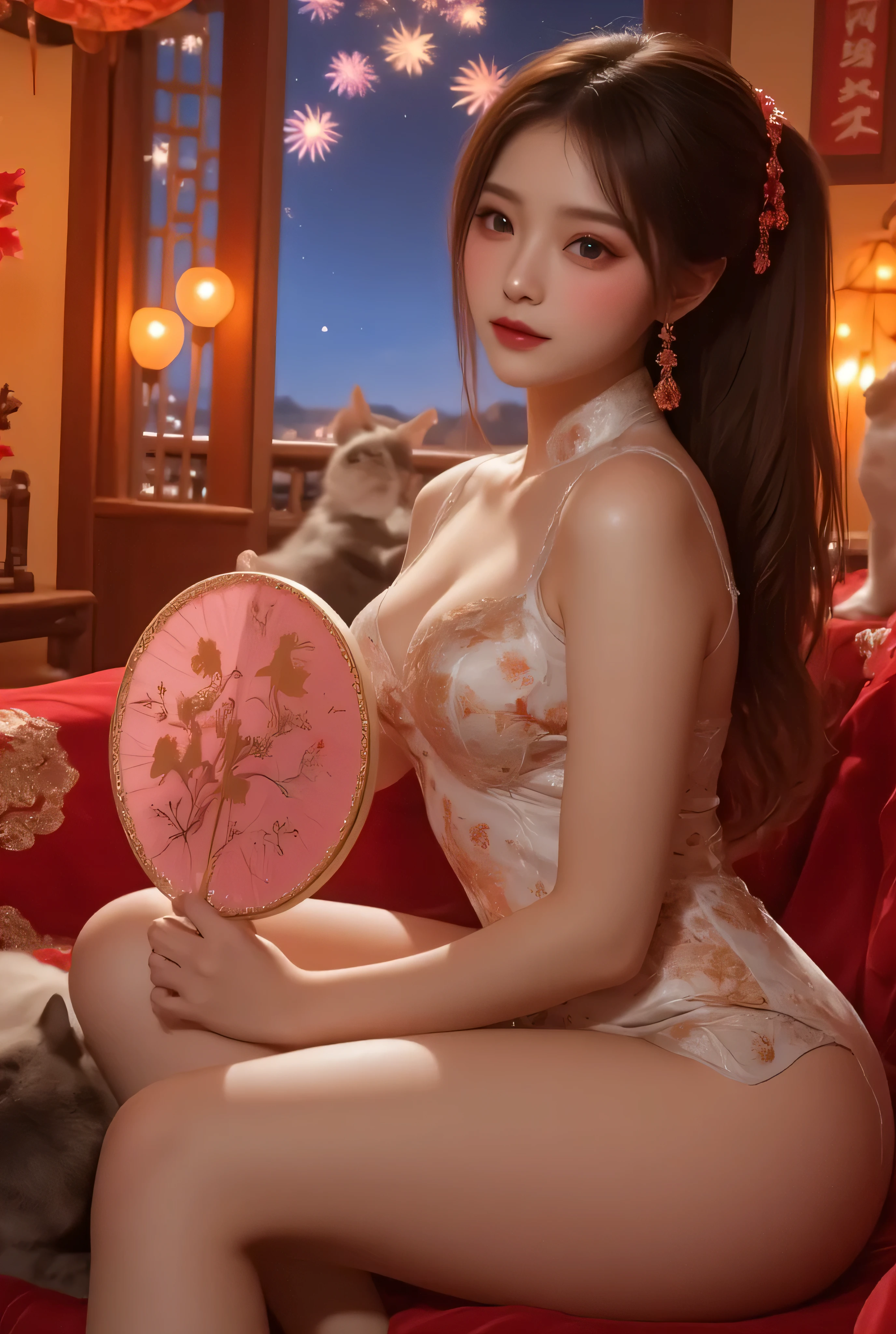 Cat ears、 face up, attractive, pretty girl, ponytail、 (( fine facial features , eroticism)), dramatic lighting , realistic , 8k, Dramatic Shadows , intricate and elaborate patterns , super detailed photo , chiaroscuro lighting , Pleasant colors , deep contrast , super real 、 pink lipstick、 warm room、Vintage Fireplace 、 cinematic composition、Close-up of face, pretty half part transparent open shoulder loose outfits dress, tang style, A beautiful Korean idol wearing a one piece red- black tightly cheongsam with phoenix and intricate floral golden embroidery, golden and silver outline on dress, hand hold pink feathers paper fan with golden ink drawing, standing gracefully in a room filled with traditional Chinese New Year decorations. The room features vibrant red lanterns, decorative calligraphy scrolls, a small Chinese orange tree with golden ornaments, and several red envelopes scattered across the floor and hanging from the tree. Adorable, playful cats are part of the scene—some sitting near the tree, others curiously pawing at the red envelopes or lounging around. Through a window or an open door in the background, vibrant Chinese fireworks light up the night sky in an array of reds, golds, and blues, casting a magical glow into the room. The idol’s outfit is paired with subtle accessories like red hairpins or earrings, complementing the festive look. The atmosphere is warm and lively, filled with the joyful essence of the celebration, enhanced by the shimmering lights of the fireworks and the lively decor.