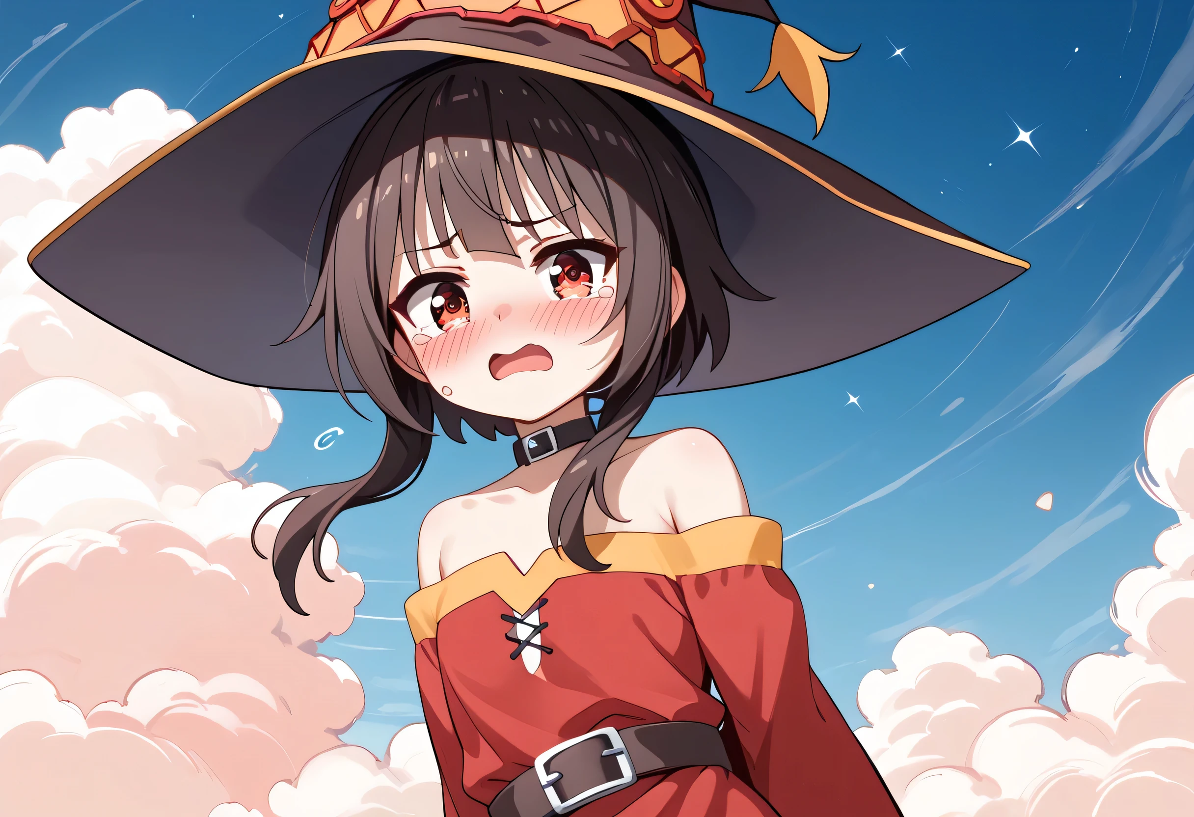 anime girl wearing a witch hat、Megumin、 Flirty anime witch chanting magic 、Konosuba anime style、 anime style 4k、 anime moe art style 、 cute girl anime visual、Black-haired mage、 red eye、Teary-eyed、 beautiful background, ( sky full of stars、 full of hearts ), full body, embarrassed face、 Please Open Your Mouth 、 arched back、Please keep your hands behind your back。
