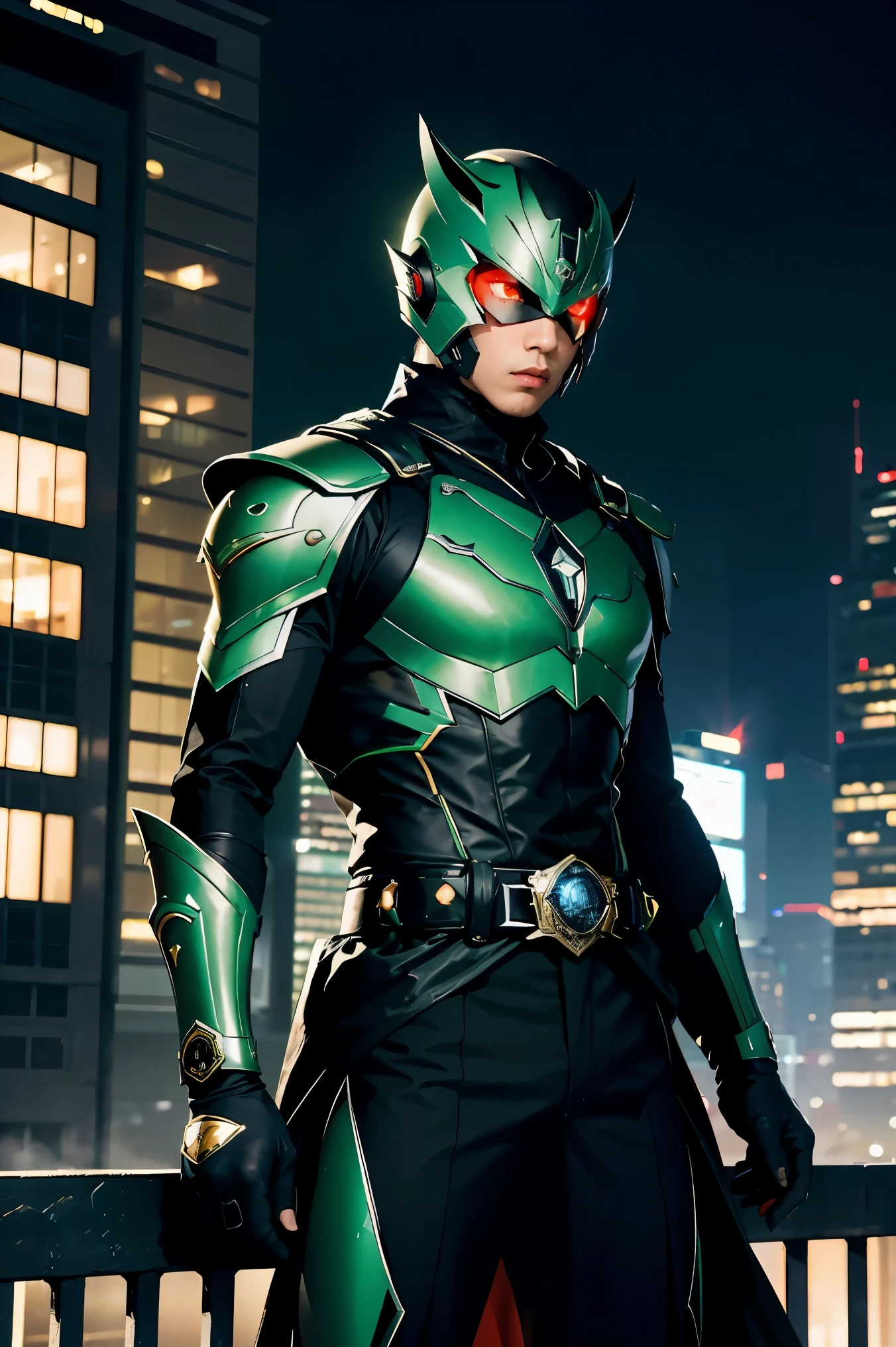 Atop a tall building, a hero sits calmly, blending with the beauty of the city shining below. His black and green Kamen Rider RX costume stands out, with its sleek design and glowing red eyes that pierce through the night. The intricate details of the armor and the iconic belt add a sense of power and resilience to his vigilant posture. He observes the bustling life beneath him, embodying an unseen guardian ever-present. The cool night breeze gently blows, carrying the city's aroma and faint sounds, creating a symphony of nature and urban life. In this quiet moment, there is a sense of peace and strength radiating from him, crafting a scene filled with emotion and harmony with his surroundings.