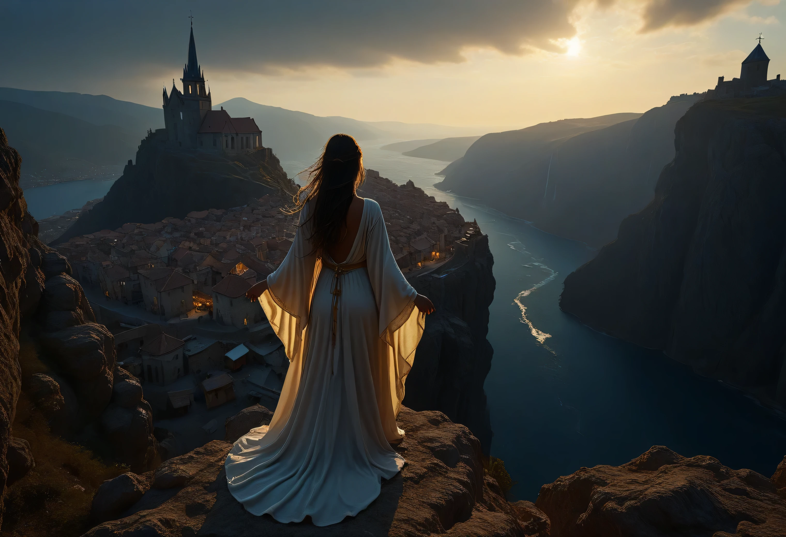 safe_pos, (score_9, score_8_up:1.1), score_7_up, photorealistic, rating:explicit masterpiece, best quality, amazing quality, illustration, A lone woman in flowing, transparent white seethru robes stands at the edge of a rugged cliff, her back to the viewer, gazing out at a medieval city in the distance, its stone buildings and church spires silhouetted against the dark sky. The city's lights are a faint, golden glow, barely visible in the darkness, while the night sky above is a deep shade of indigo, filled with a million twinkling stars that form the shape of a giant eye, its pupil fixed on the city and the woman. The woman's robes are diaphanous and translucent, revealing the curves of her body beneath, and her arms are outstretched to the sides, her hands lost in the folds of her robes. Her body is shrouded in a soft, luminescent glow that seems to emanate from within, casting a subtle, otherworldly light on the surrounding rocks and air. The viewer sees her from a 3/4 angle, with her face hidden from view, adding to the sense of mystery and contemplation. BREAK, focus on sky.,,, absurdres, masterpiece,, Expressiveh choker, pubic-hair, flux-style ((masterpiece, Highest quality, Best image quality, High resolution, Realistic, RAW Photos, 8k, Highly detailed)) 4lch3my_l4b CyberRealistic_Negative_PONY