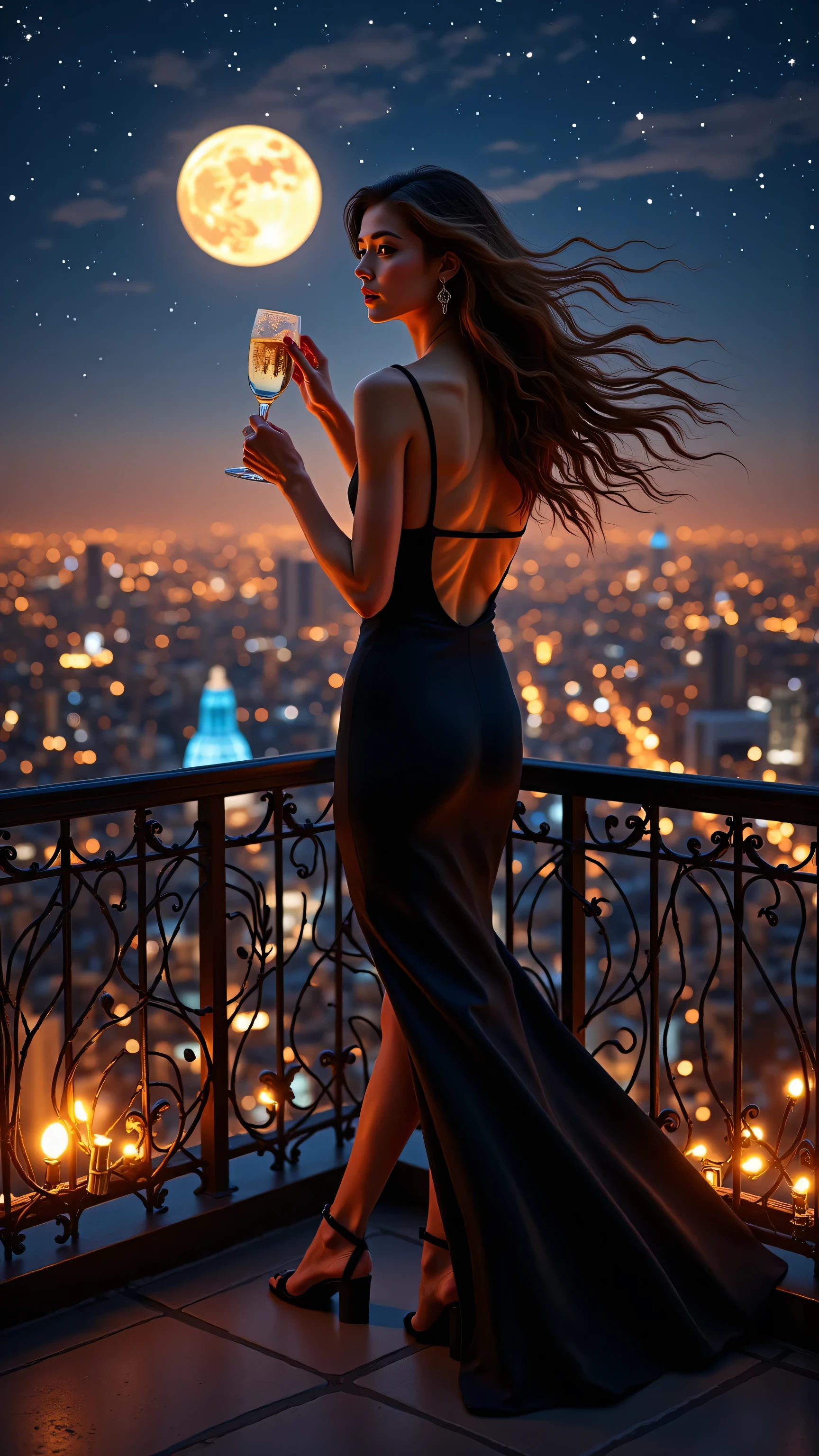 prompt: |
A stunning woman in a sleek **black dress** standing on the rooftop of a high-rise building, overlooking a cityscape at night. The skyline glows with shimmering lights, and the sky above is filled with stars and a radiant moon. The woman’s dress is form-fitting, with a daring backless design, and her long hair flows freely in the wind. She stands with confidence, her body slightly arched, arms outstretched in a celebratory gesture, holding a **glass of champagne** in one hand. The moonlight falls softly on the glass, casting a delicate glow on the champagne inside and reflecting off its surface as she raises the glass in a toast. The scene is dramatically lit from below, casting an ethereal glow on her figure, emphasizing the curves of her body and the elegance of her posture. The wind gently tousles her hair and dress, enhancing the feeling of freedom and grace. The soft, glowing light creates a harmonious ambiance between the woman and the urban environment. The background has intricate details, with luxurious designs on the rooftop railing, and the soft glow of distant stars and moonlight create a harmonious ambiance. The light from below accentuates her figure and highlights the delicate details of her dress, with a soft contrast between the warm light and the cool night sky. The atmosphere is elegant, perfect for a champagne poster.
no distortions, no blurry details, no unrealistic proportions, no background clutter, no exaggerated features, no darkness or low contrast, no unnatural poses, no extra or missing limbs, no extra or missing fingers, no body or face distortion, no multiple hands, no deformed hands, no extra hands, no multiple hands or feet, no hands with more than five fingers, no strange shadows, no awkward positions, no unbalanced composition, no stiff posture, no underdeveloped anatomy