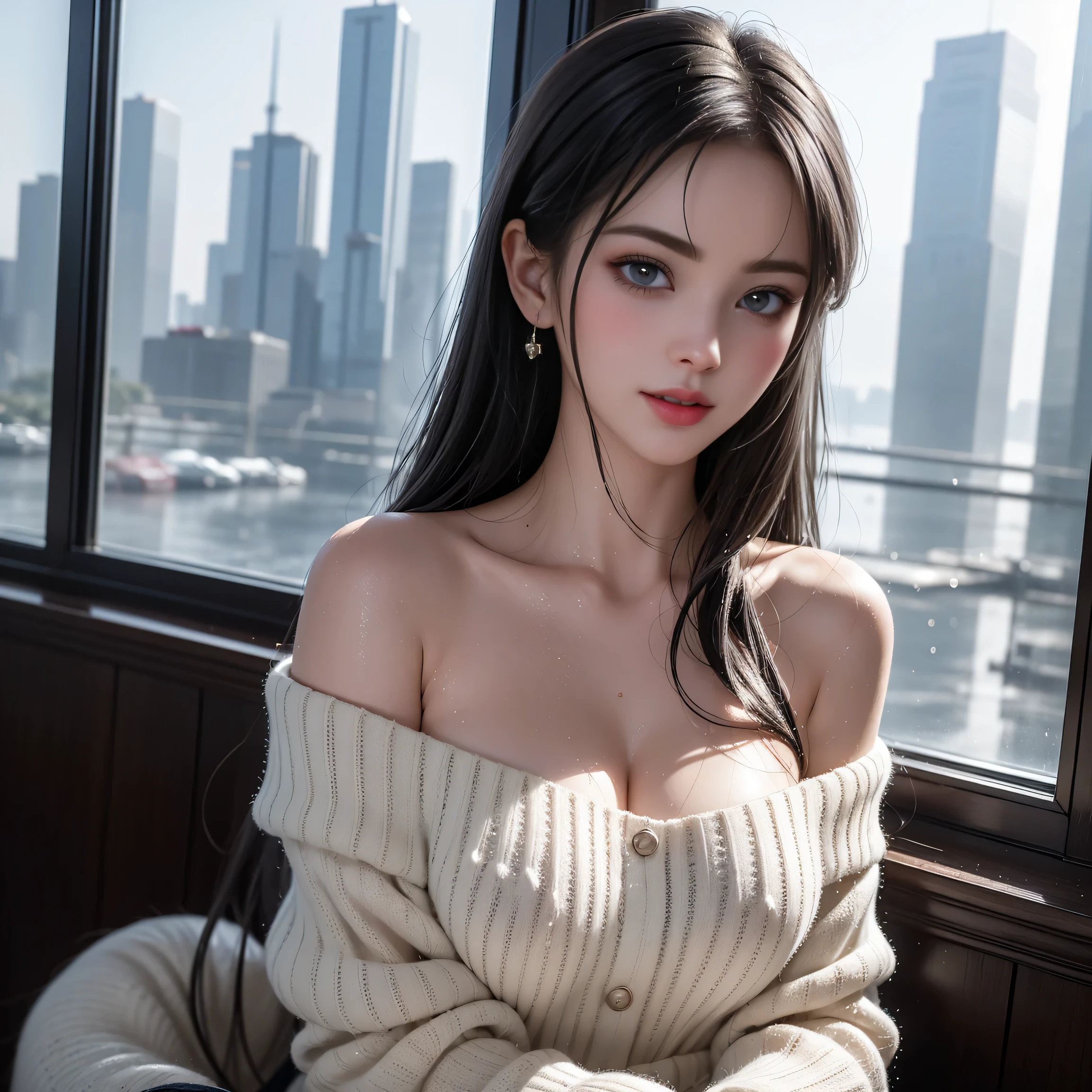 top-quality, Ultra high definition, Supreme depiction, Top resolution, masterpiece, (Ultra-realistic:1.4), (dazzling sunset light:1.2), Ponytail, Japan women, detailed photo, Smiling, Sexy, Black knit shirt, off shoulders, Facing Camera, full body photographed, (masterpiece: 1.3), (8k RAW photo, Ultra-realistic, top-quality: 1.4), (1girl in), Beautiful face, (Realistic face), (Shiny black hair, long: 1.3), Beautiful hairstyle, Realistic eyes, Beautiful detail eyes, clear amber eyes, (Realistic skin), Beautiful skin like silk, (Sweaters), Absurd, Attractive, Ultra High Resolution, A hyper-realistic, High Definition, Golden ratio