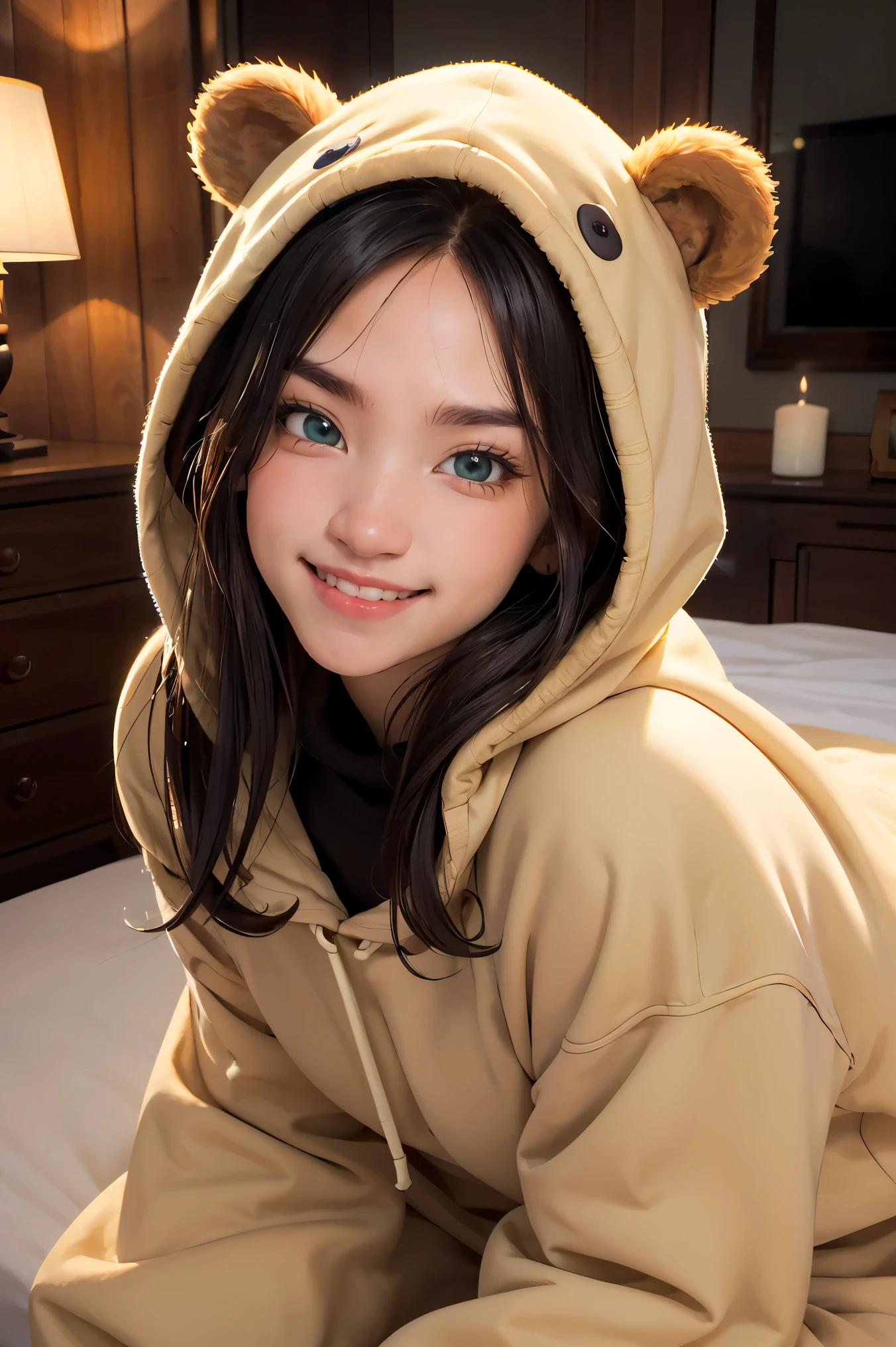 beautiful, (masterpiece), best quality, (extremely detailed face), extremely detailed eyes, perfect lighting, OverallDetail, detailed, deep skin,textured skin,
,bear costume ,black bear costume, long sleeves, hood up,,mallow , long hair, green eyes, big smile,on bed ,sitting between pillows,
,
