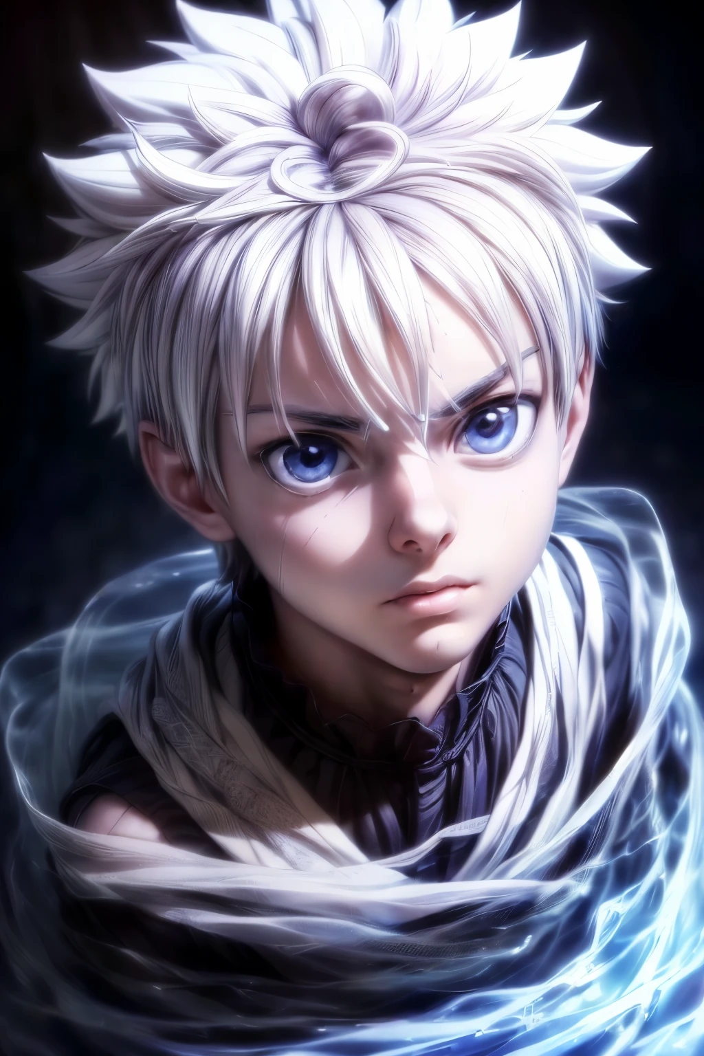1boy, (masterpiece, realistic, absurdres, best quality, Highest image quality, high resolution:1.2 ), (photorealistic:1.4), KilluaZoldyck, clear and beautiful detailed eyes, white hair, shiny hair, perfect eyebrows, detailed skin, night, studio lighting, soft light, front view, (intricate detail, clear composition, Professional photography, ultra realistic 8k resolution:1.2),