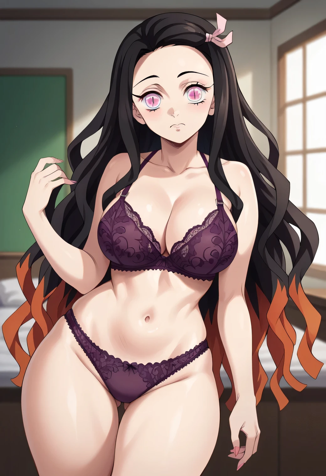 score_9, score_8_up, score_7_up, source_anime, nezukokamado, nezuko kamado, black hair, forehead, hair ribbon, long hair, multicolored hair, pink eyes, orange hair, slit pupils, wavy hair, two-tone hair, cleavage, demon girl, tattoo, thighs, thick thighs, thighs, wide hips, large breasts:1.3, purple lace bra, purple lace panties, bedroom, thick thighs, wide hips, looking at viewer, standing, arms at side