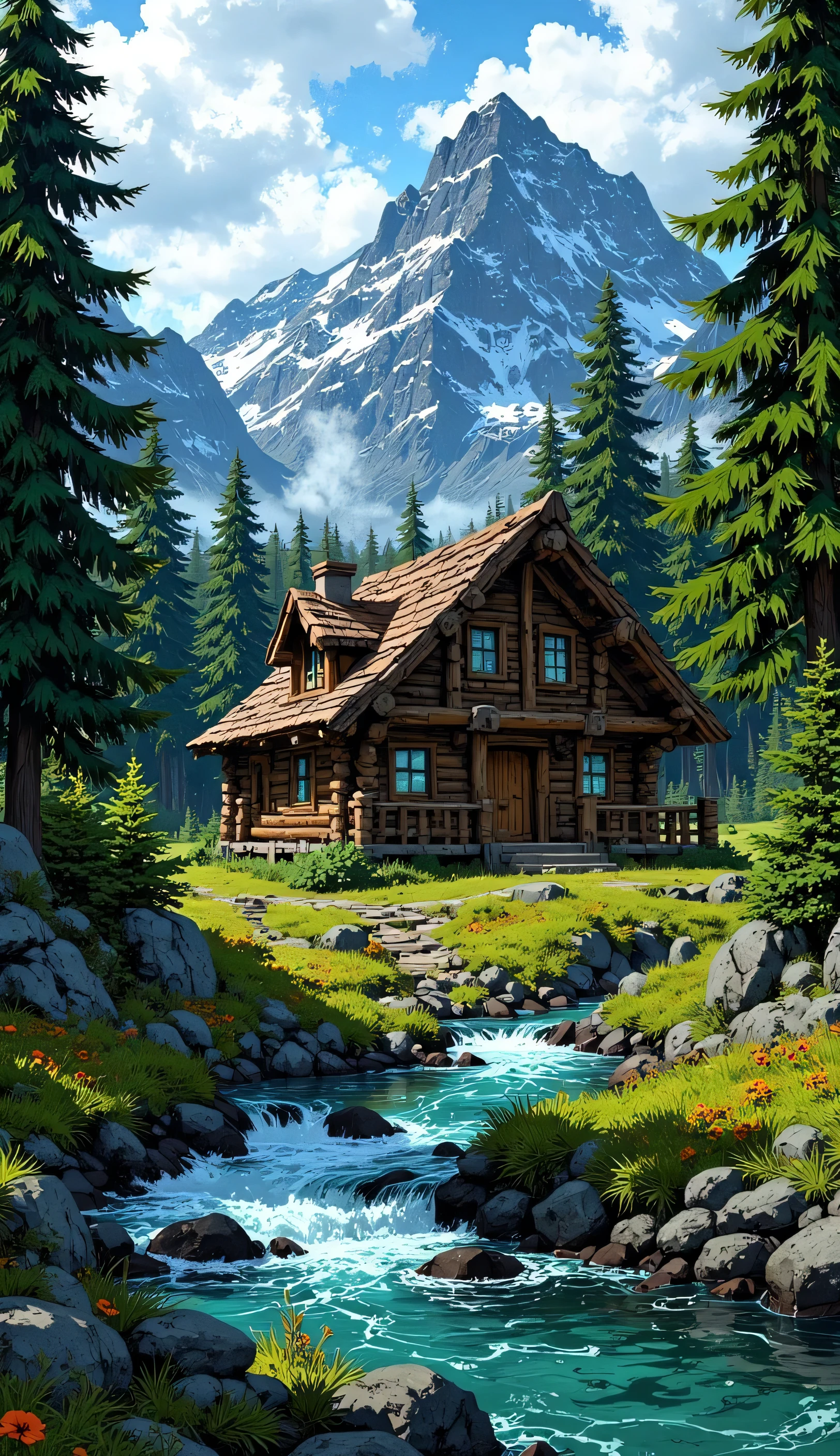 Cabin with trees and a beautiful river next door.
