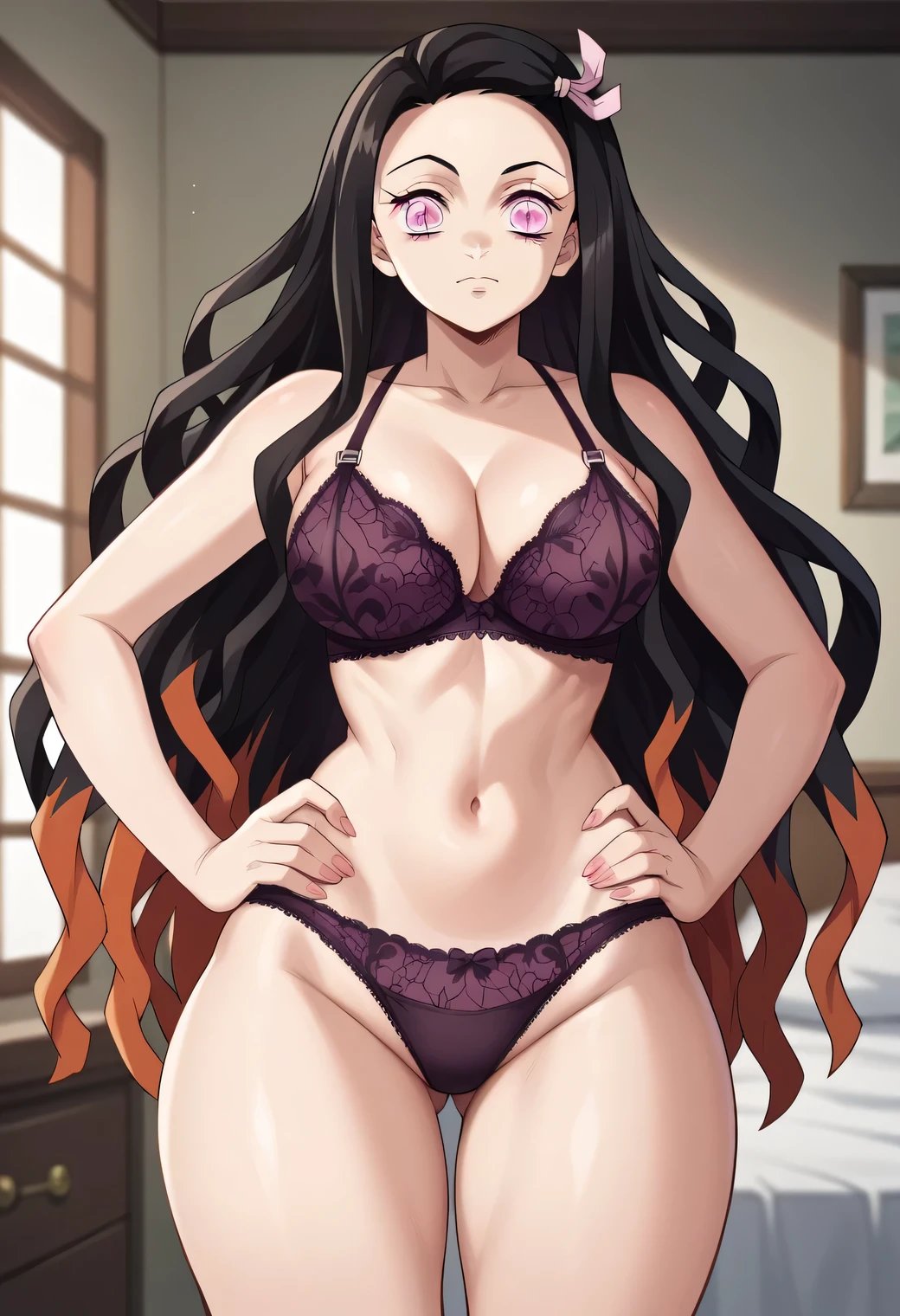 Face: Estilo de arte, Cor estilo anime: Predominantemente vermelho com contrastes em preto e branco, Cor dos olhos: vermelho carmesim brilhante, com reflexos luminosos. Cor do cabelo Preto com mechas vermelhas, Penteado: Longo com twintails, adornado com o tradicional enfeite de cabelo vermelho e dourado, crazy expression, (((kitsune mask))), pernas musculosas, pernas longas, no quarto do motel, ( ((tiro de corpo inteiro))), manicuunhas vermelhas, unhas vermelhas, (((wearing a beautiful short and sexy bikini))) , NSFW, hdr, {Standing}, (((full body view)))