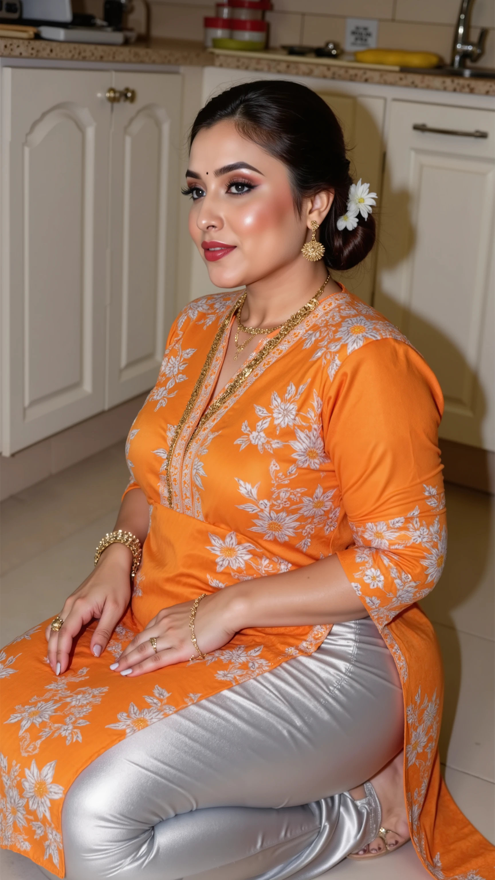 I am 40 year old plus size tall and big giant indian muslim women, looking like indian actress hansika motwani, wearing a gold boarded short hand full length side slit open orange floral kurti ,and shining reflective glossy silver mid-khalf length capri leggings,golden nose rings,nose stud, anklet,hanging ear rings,long golden chain on neck,white-skin,white skin tone, beautiful face, dark red lips, clean skin,low bun hair,bunch of jasmin flower tied on hair bun,celebrity face,gold stelito heels,thick leggs, round ass,bulging ass,huge breast, side view of woman,sitting on knees in beautiful kitchen floor,only side view of woman, head towards viewer