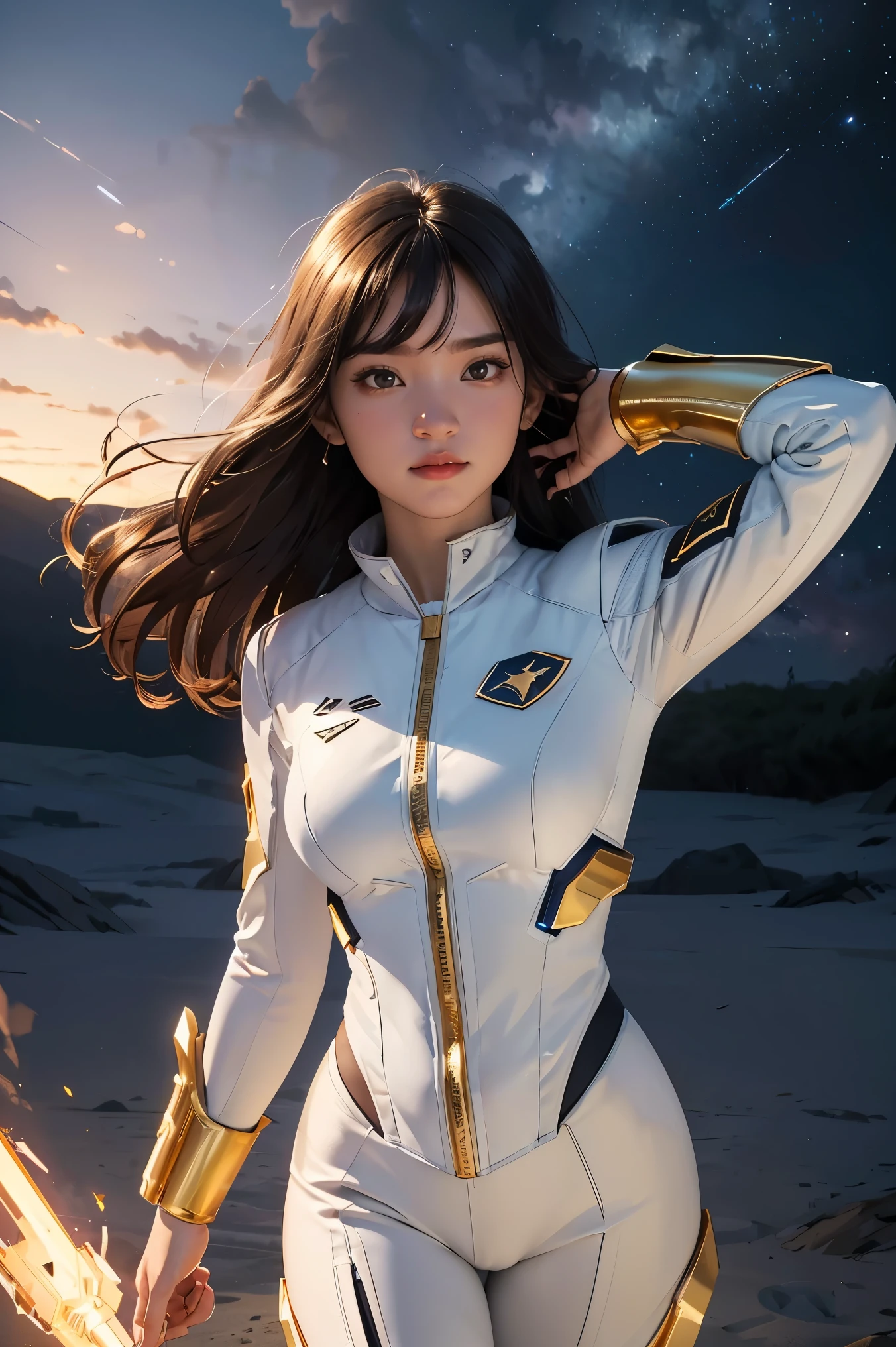 ((masterpiece, best quality, extremely detailed), volumetric lighting, ambient occlusion, colorful, glowing), 1girl, solo, young girl, (dark hair), long hair, halo, aura, sacred, goddess, cleric suit, (white outfit with gold detailst:1.3), armor, outdoors, sunset, sky, clouds, space, (fantasy theme:1.2),ม 1girl, full body, Illustration, cinematic light, high resolution, best quality, ultra-detailed, masterpiece, power suit, powerranger, suit, spd,