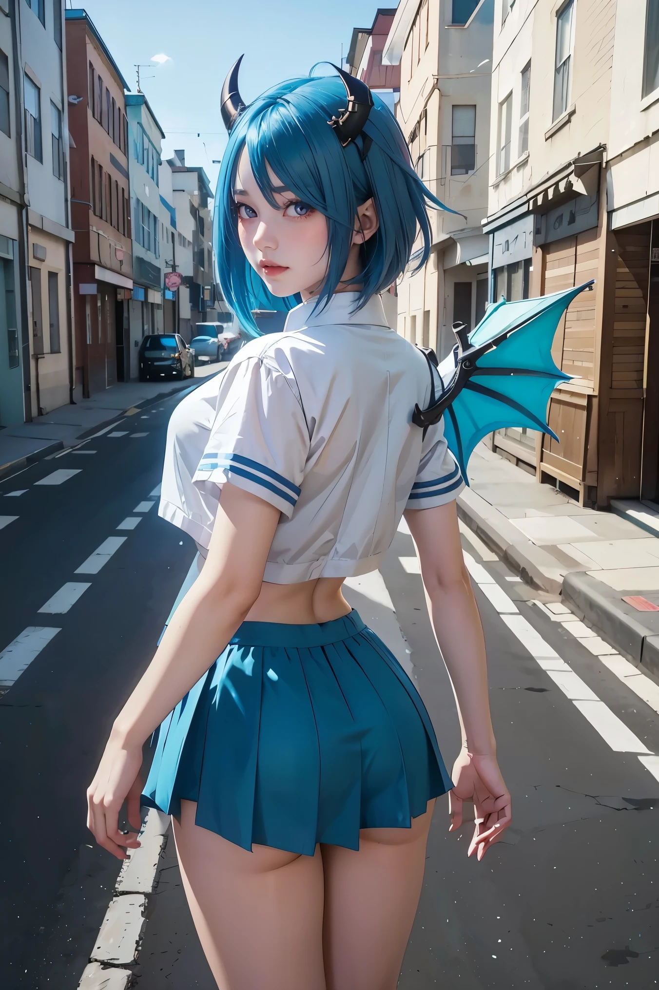 Anime girl with blue hair and horns on a street, 3D realistic anime, 2. 5 d cgi anime fantasy artwork, anime style 3d, anime style. 8k, 4k anime style, 3d style realistic anime, deviantart artstation cgscosiety, digital anime art, guweiz style art art, detailed digital anime art, white shirt, dragon wings