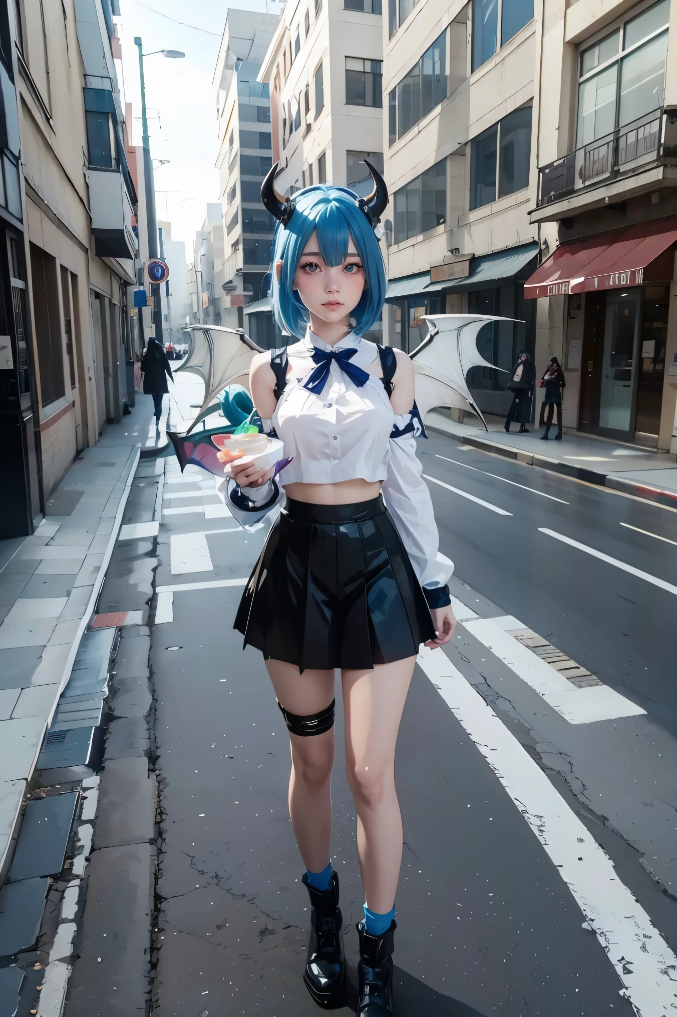 Anime girl with blue hair and horns on a street, 3D realistic anime, 2. 5 d cgi anime fantasy artwork, anime style 3d, anime style. 8k, 4k anime style, 3d style realistic anime, deviantart artstation cgscosiety, digital anime art, guweiz style art art, detailed digital anime art, white shirt, dragon wings