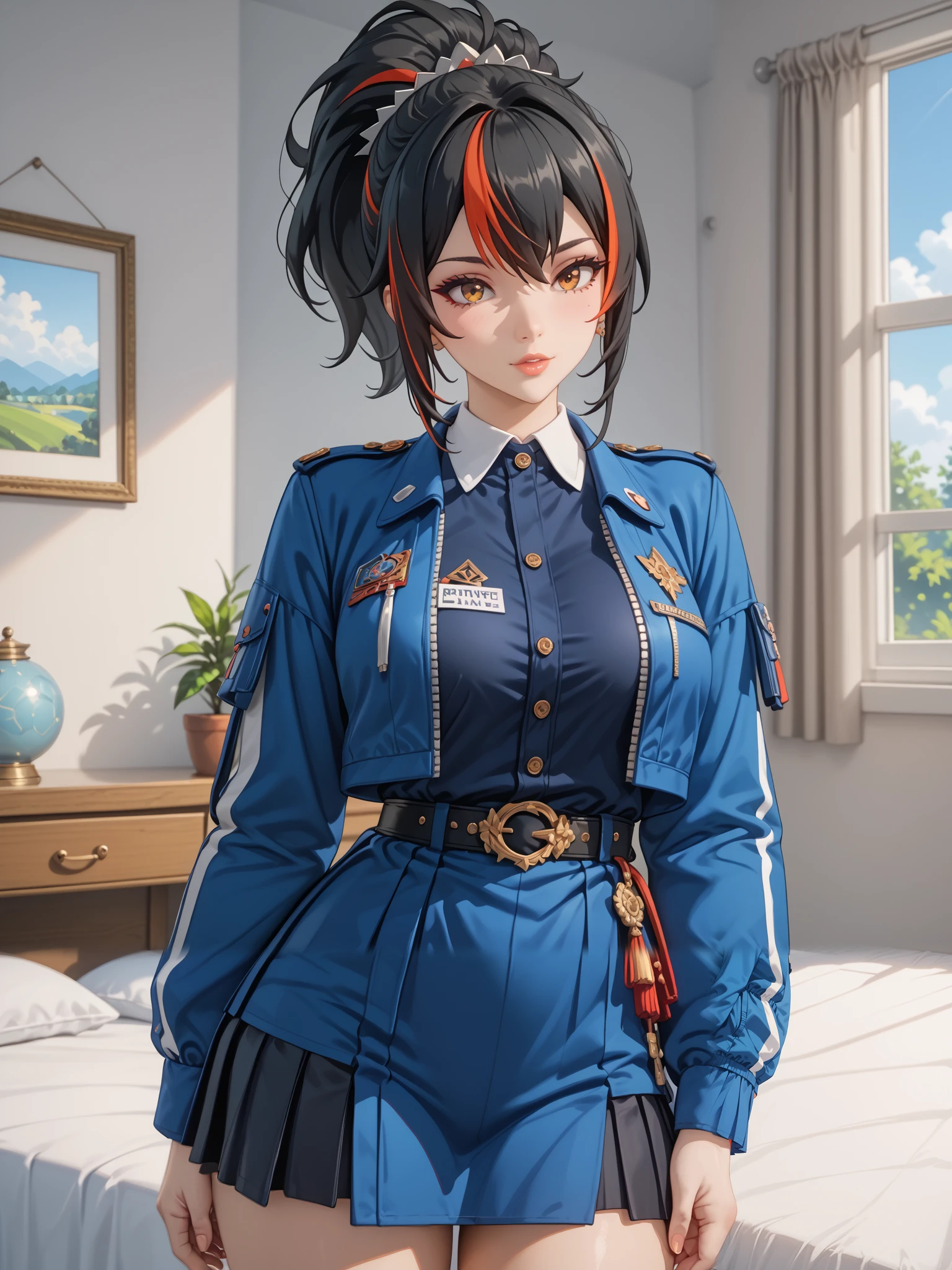 Masterpiece, extremely detailed,4k,solo, 1girl,zhu yuan,ponytail streaked hair, beauty anime face, full body, stand up,perfect slim body , bright body skin, thin lips,perfect slim body, very large breasts,black outfit,sexy skirt, Front look, bed room, sunlight on the windows, cowboy shot, bokeh, photograph, little noise, shining, shimering, splendid