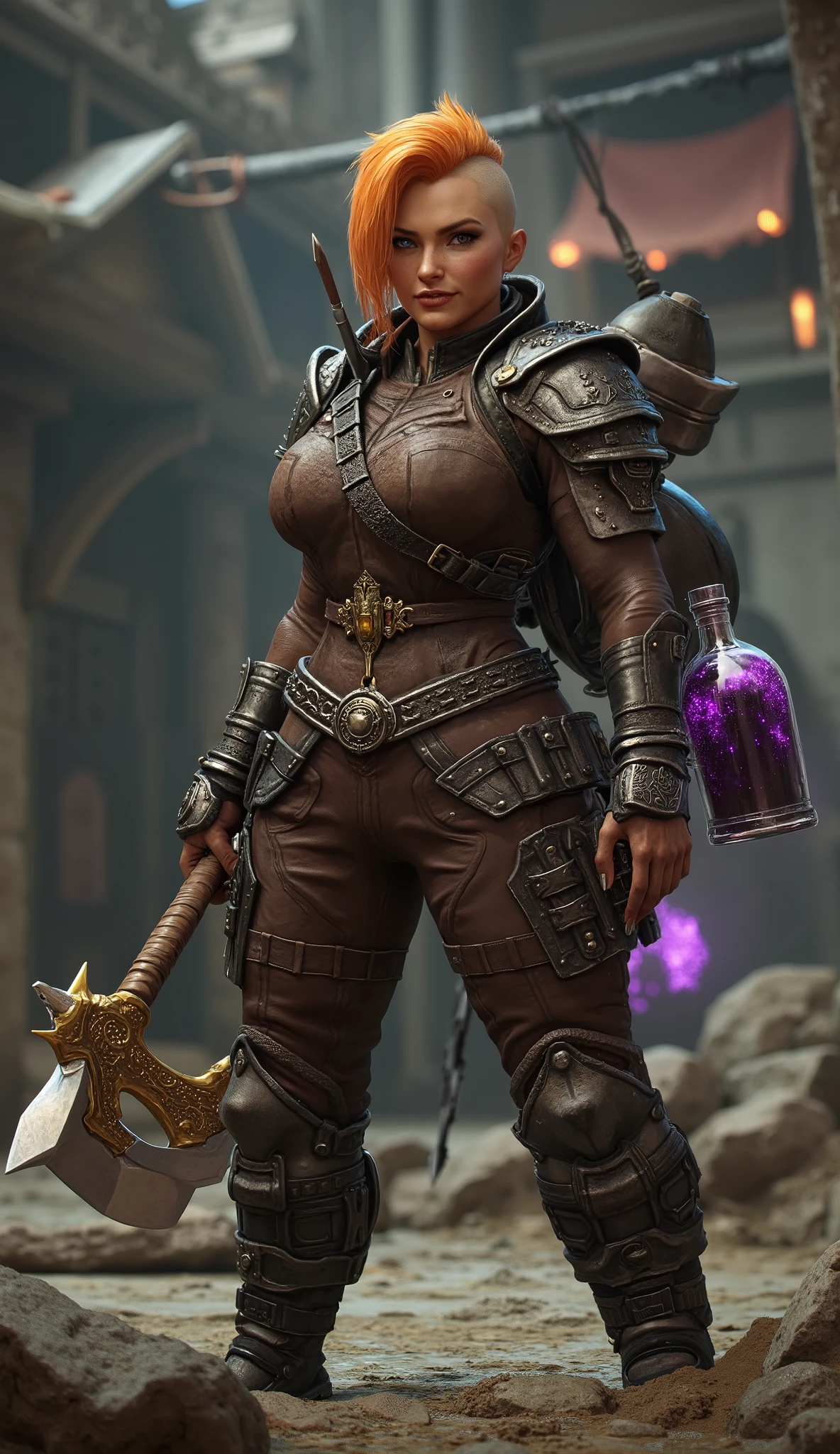 A fierce and battle-hardened warrior woman with a striking half-shaved head and fiery orange hair swept to one side. Her intense, determined eyes and confident smirk exude a fearless, relentless spirit. She wears rugged brown leather armor with metallic reinforcements, secured by sturdy straps and buckles. A glowing purple potion bottle is strapped to her back, hinting at enhanced strength or regeneration. In both hands, she wields a massive double-bladed battle axe with a golden handle and silver blades, ready to crush anything in her path. Her stance is aggressive, with one foot planted firmly forward, embodying power and unwavering determination.