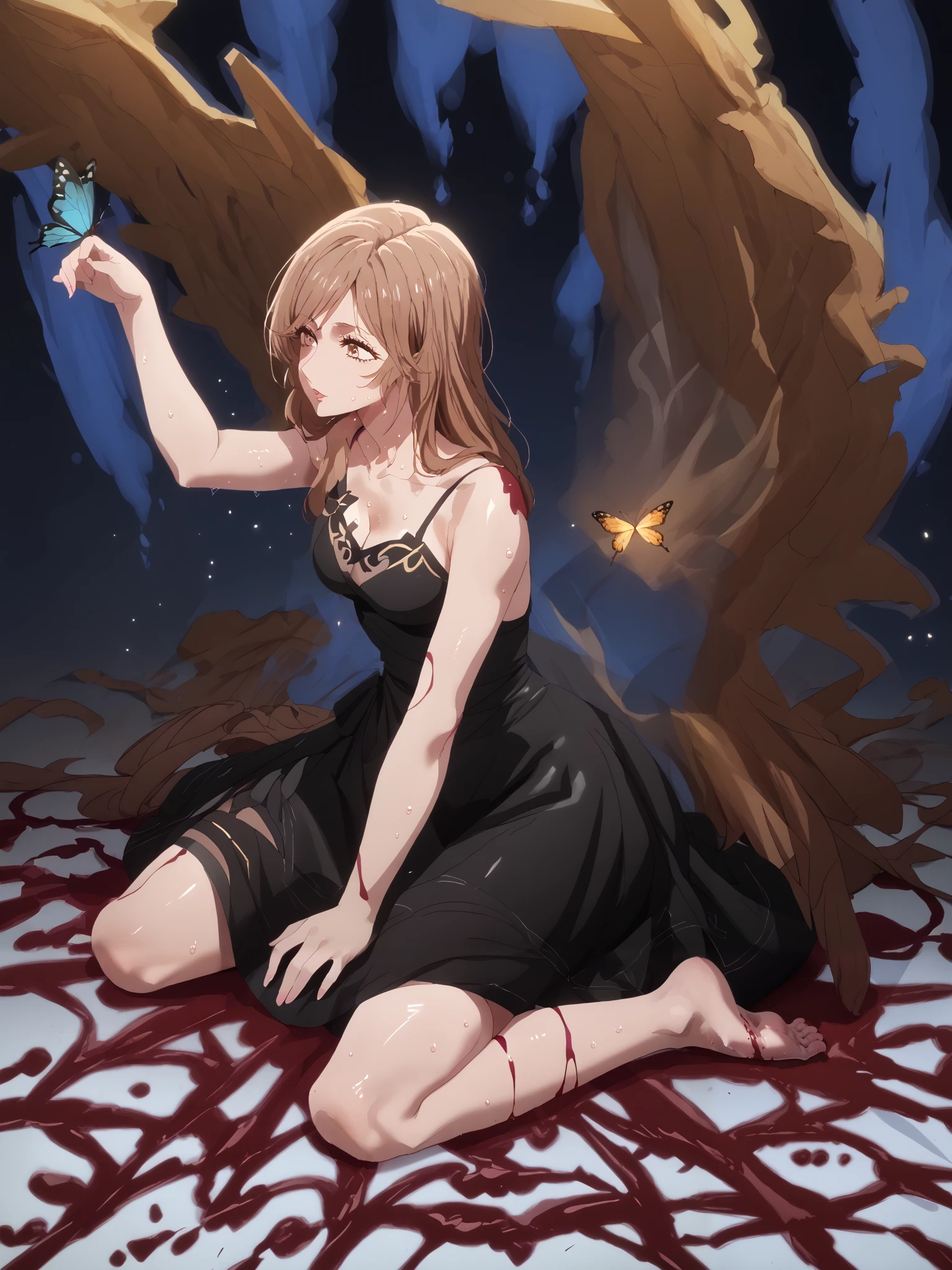 score_9, score_8_up, score_7_up, uncensored, source_anime, miyako saitou, long hair, brown hair, brown eyes, Large breasts, anime coloring, anime screencap, (voluptuous:1.3), (thick:1.3), BREAK UHD, retina, masterpiece, accurate, anatomically correct, textured skin, super detail, high details, high quality, award winning, best quality, highres, 4K, excessive sweating, sweating, sweating drop, (gasping, heavy breathing:1.3), (skindentation:1.2), perfect eyes, beautiful eyes, eyelashes, makeup, detailed body, perfect body, BREAK, 1girl, solo, dress, bug, barefoot, wings, butterfly, black_dress, sitting, blood, wariza, breasts, cleavage, collarbone, bare_shoulders, (aura:1.4)