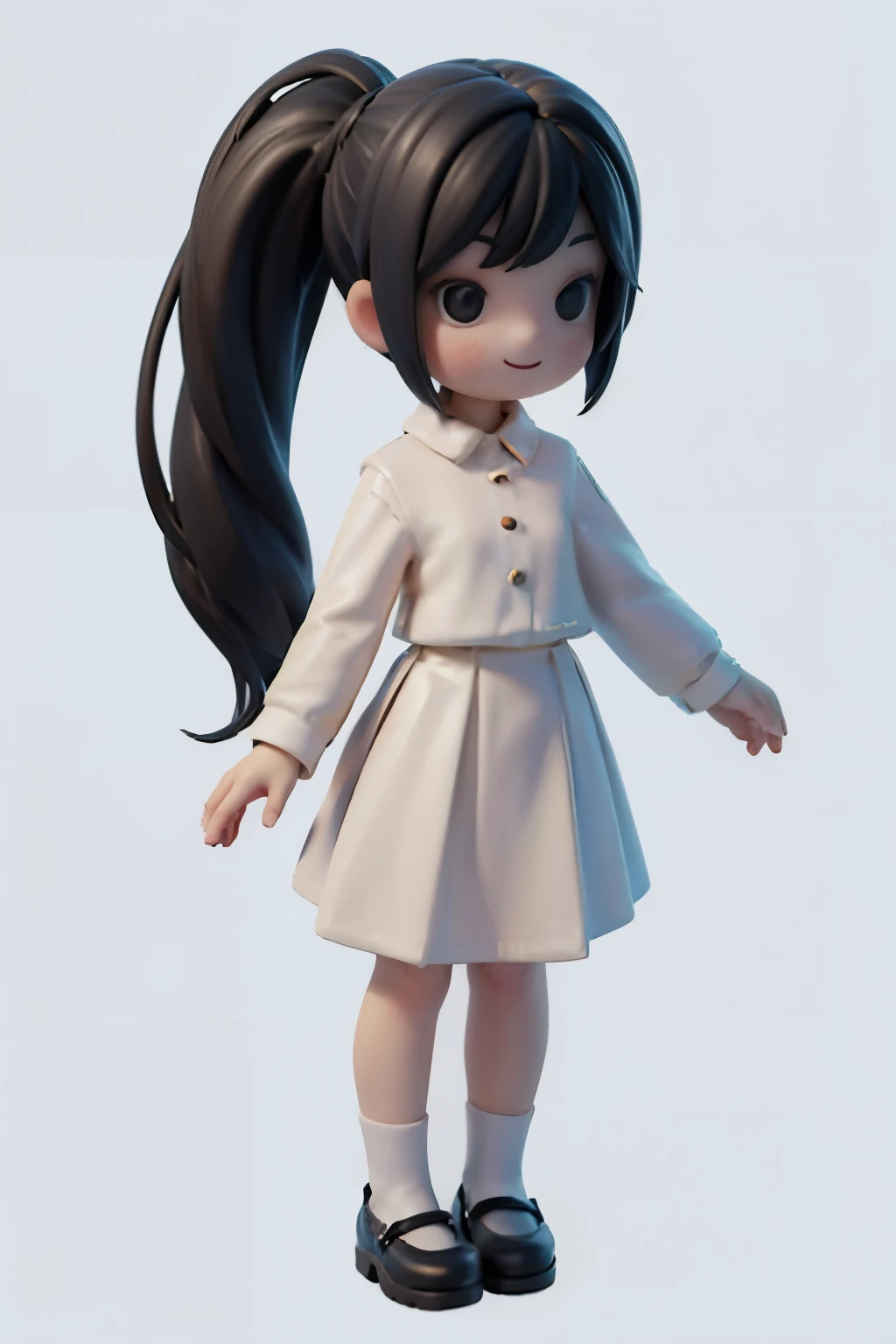 a girl smiling, ponytail, white long skirt, white long sleeves shirt, mary_janes, stand up, full body, no background