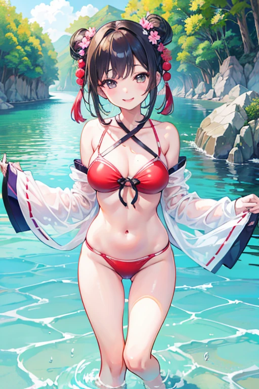 1girl,little_girl,little_body,cute_,Emi, two-tone hair, red eyes, pigtail, hair ornaments, bikini, legs,