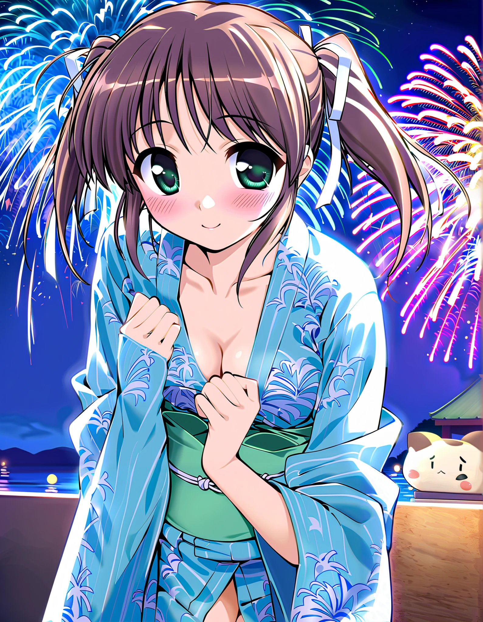 Asagiri Mai, Alone, (cowboy shot), brown hair, short hair, hair ribbon, twintails, green eyes, small breasts, cleavage, (yukata), (Red cheeks:1.2), (bright smile:1.1), ( I'm shy), ( sexy pose), (Fireworks), (night:1.2), score_9, score_8_superior, score_7_superior, source_anime, (best quality:1.2), 細部までこだわったanime, high quality , full color, 8k, high resolution