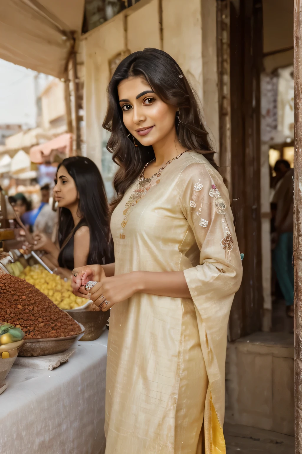 25-year-old hot Indian woman in casual Indian attire, wearing a vibrant yellow kurta with intricate embroidery, paired with white palazzo pants, soft makeup with a bindi and light jewelry accentuating her beauty, standing on a bustling street market with colorful stalls selling spices and fabrics, warm sunlight casting a golden hue across the scene, Photography, shot on a Canon EOS R5 with a 50mm lens at f/1.8, --ar 16:9 --v 5