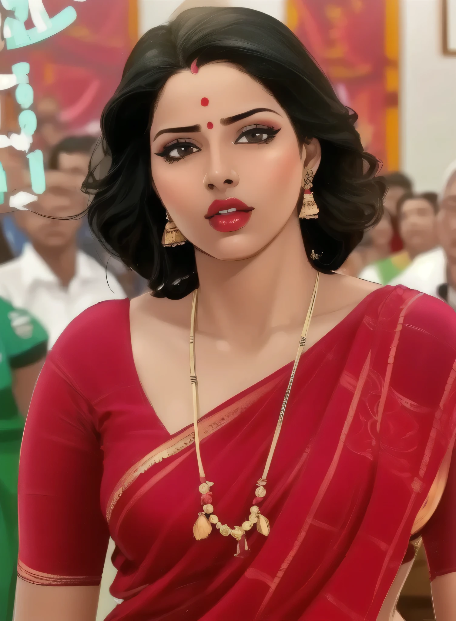 (close-up,face,pov),plump (1girl mature savita bhabhi:1.2),black long hair,couch,parted lips,makeup,lipstick,crop top,(extremely detailed,masterpiece,hyperrealistic, illustrated:1.2),bindi,sindhoor,