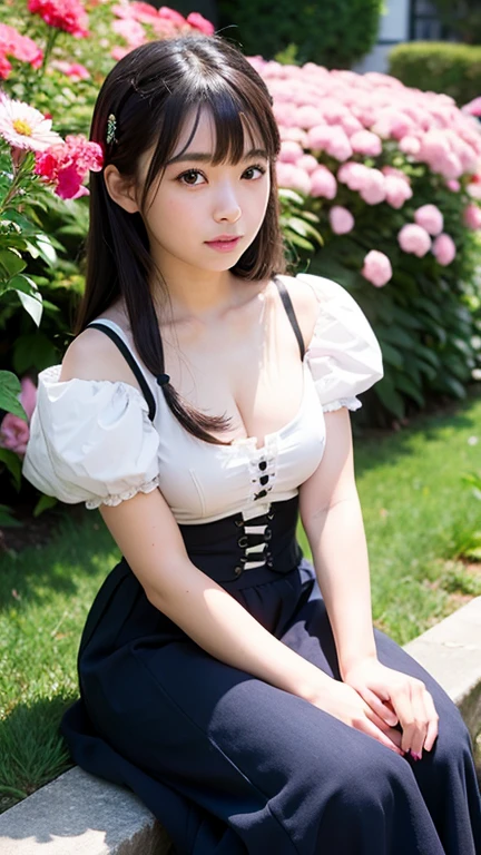 A girl with blue angel wings, holding a chair, sunlight shining on her face, eyes looking at the boy in front, hair decorated with chrysanthemum flowers, skin as white as peeled eggs, long braided hair black, seductive big breasts. wearing a dark pink bra, wearing a dark pink maid outfit, posing, standing surrounded by green grass with grazing horses