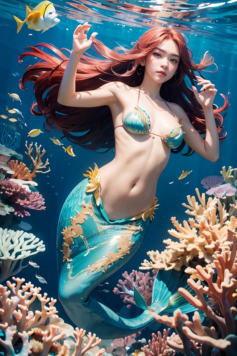 prompt: 「Coral is the spirit of coral that symbolizes the beauty of the deep sea.。She brings colorful coral reefs to life、It has the magical power to preserve its beauty.。The presence of coral、A symbol of hope and peace for marine life.。 The appearance of the coral is exactly like that of a coral.、Her hair is made of iridescent coral branches、Every time it sways, it reflects light and creates a beautiful sight.。Her skin is a soft pink、Small coral patterns emerge here and there.。Her eyes reflect the blue of the sea、Deep wisdom and kindness resides。 Coral's costume、A dress modeled after the most beautiful coral reef in the ocean.。The dress is decorated with colorful corals and shells.、Every time you move it emits a fantastic light.。She holds a magic wand in her hand、At the tip of the pearl is a sparkling。Use this stick、Coral protects the reef、Can heal。 Coral's personality is gracious and compassionate.、Love marine life、I am working hard to protect。She heals the wounded coral、It has the power to purify polluted oceans.。Her voice is calm、Gives comfort to the listener。 In the background、It depicts colorful coral reefs and the beautiful fish swimming around them.。Coral protects the ocean with its magical powers.、Emphasis is placed on creating a bright future。Her presence、The exhibit will make viewers realize the importance and beauty of the ocean.。」Hair is long and not tied up、Face facing forward、The chest is large、Adult female