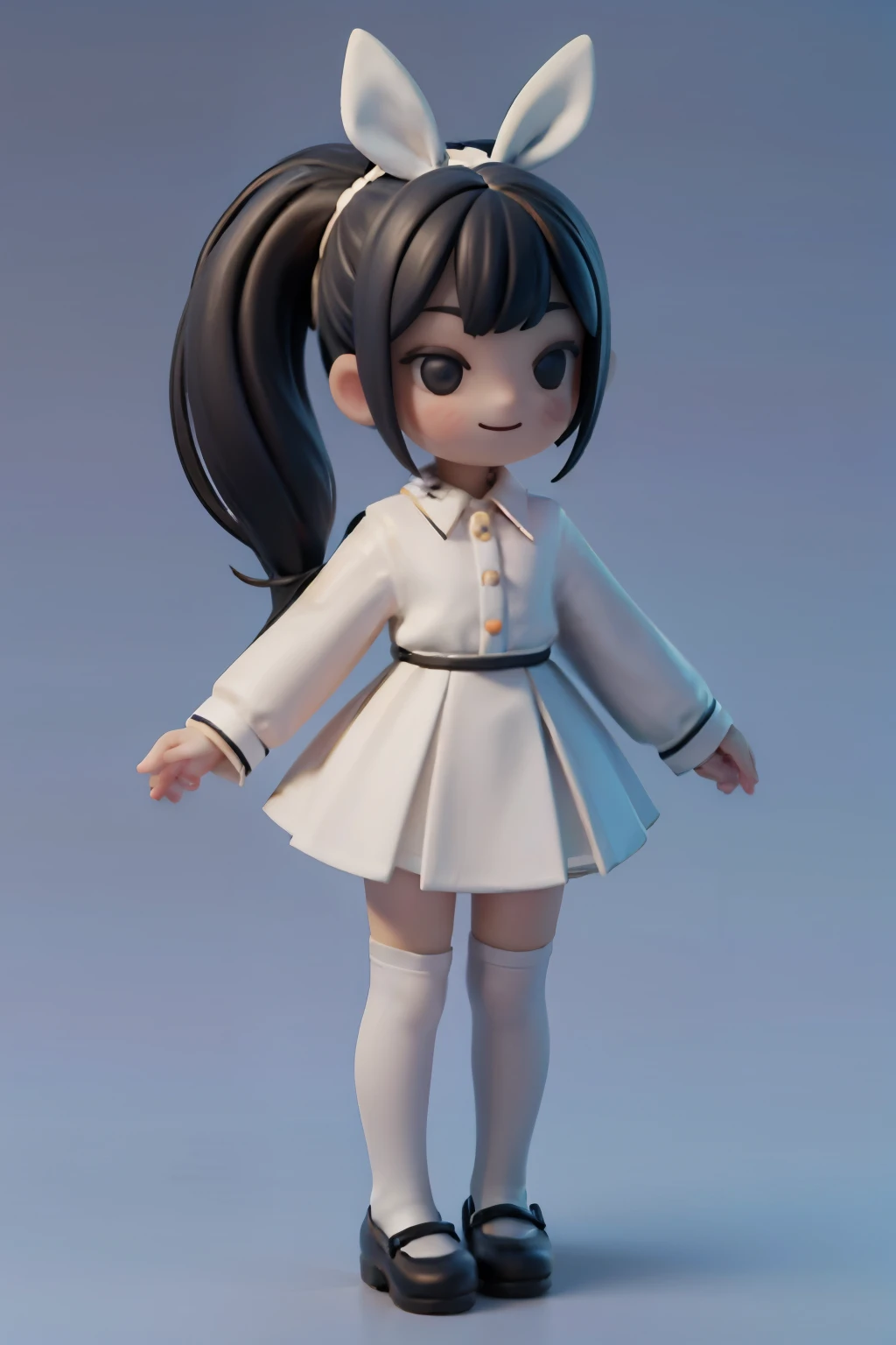 a girl smiling, hairbow, white skirt, white long sleeves shirt, white knee-high socks, mary_janes, hairstyle ponytail, stand up, full body, no background