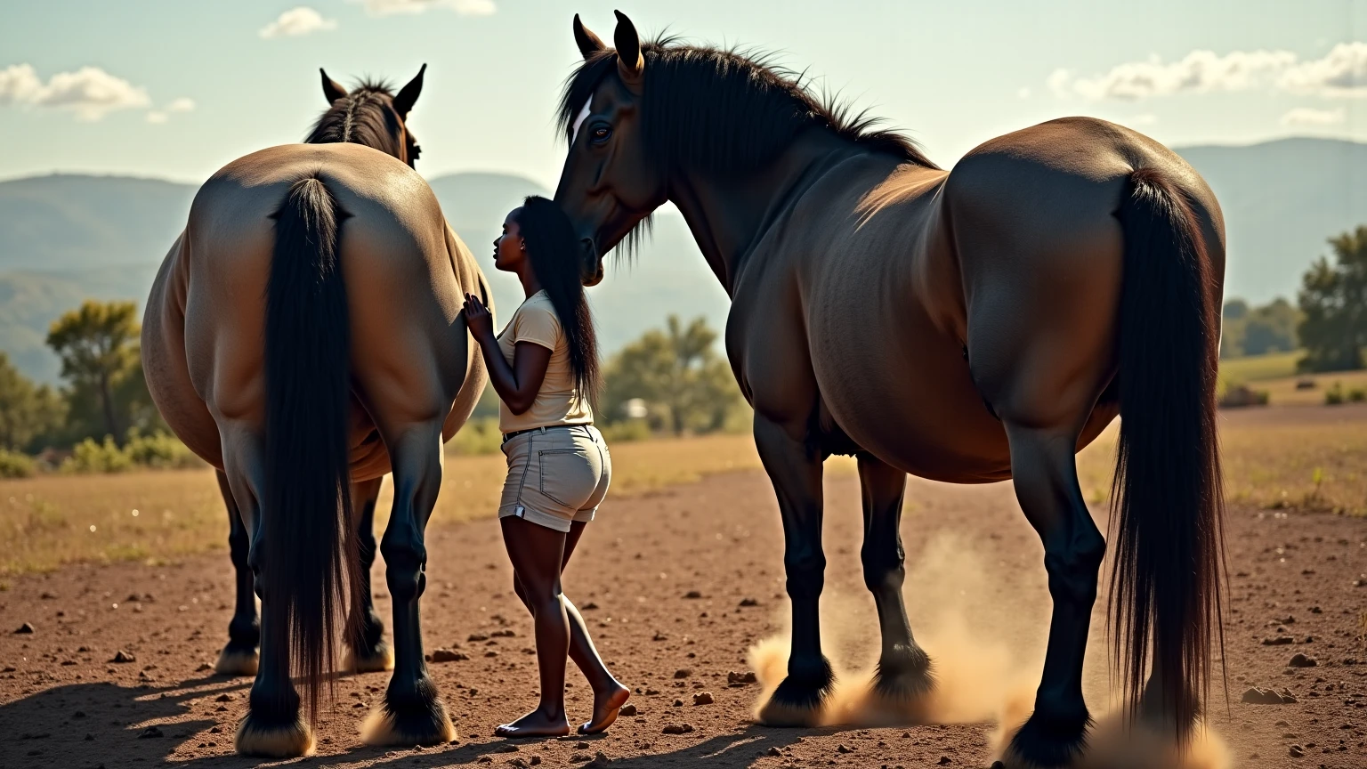 a nude BBW very full figured very black skinned nude African woman standing by the rear of two big Belgian draft horse mares (side view). big bum. very short tail. horse facing horizon . flat grass meadow. steaming horse dung behind horse. cloudless blue sky., black hair, short ponytail, dilated pupils, smelling horse bum, open mouth, high detail, depth of field, UHD, masterpiece, anatomically correct, accurate, super detail, highres, 16k meadow.  cloudless blue sky. both horses  and woman in complete full view