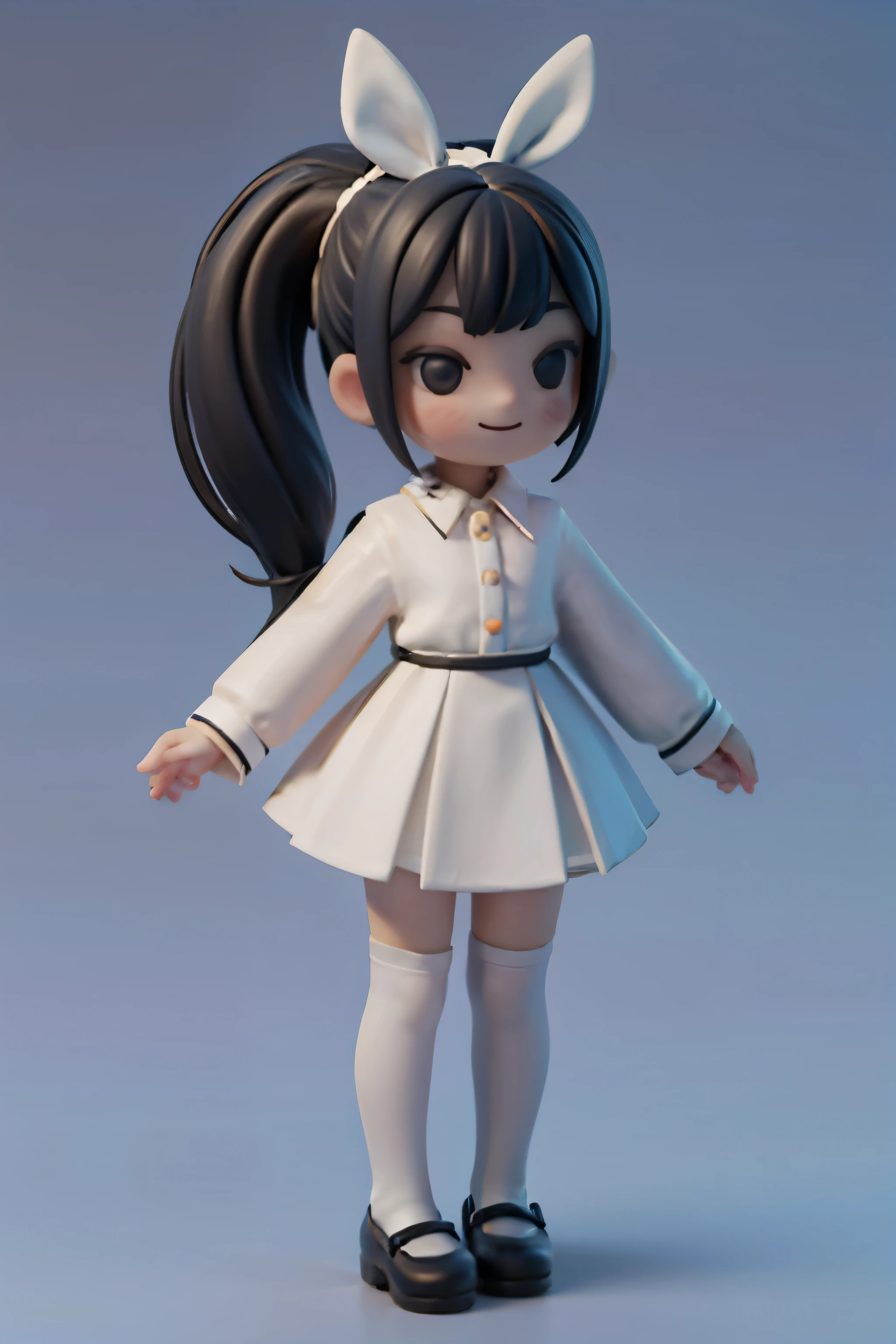 a girl smiling, hairbow, white skirt, white long sleeves shirt, white knee-high socks, mary_janes, hairstyle ponytail, stand up, full body, no background