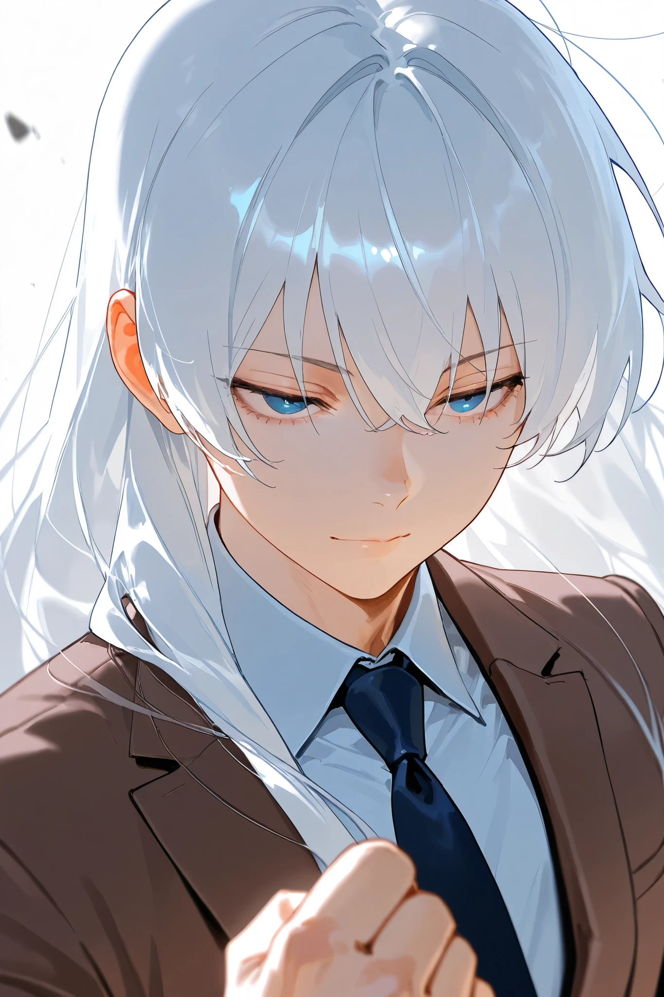 best quality, masterpiece,highest resolution, 1male, solo, white hair,long hair, brown suit, tie , portrait, (Psychic:1.2), small smile, fight:0.2, expressionless eyes, blue eyes, upper body, fist,