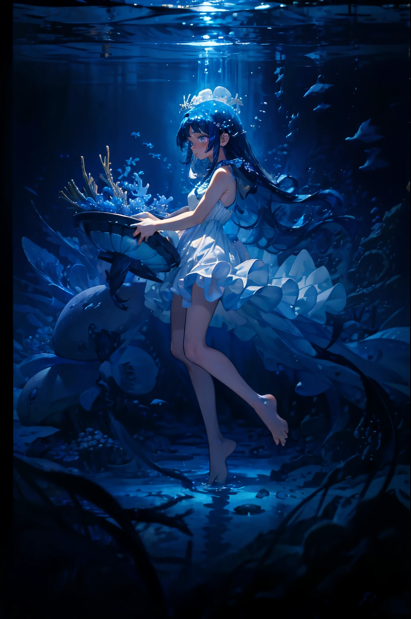 core_9_up, score_8_up, score_7_up, score_6_up, source_anime, 2D、1girl, black hair, red eyes, skeleton body, Translucent dress、骨が見えてる、 blue jellyfish, aquarium, robot joints