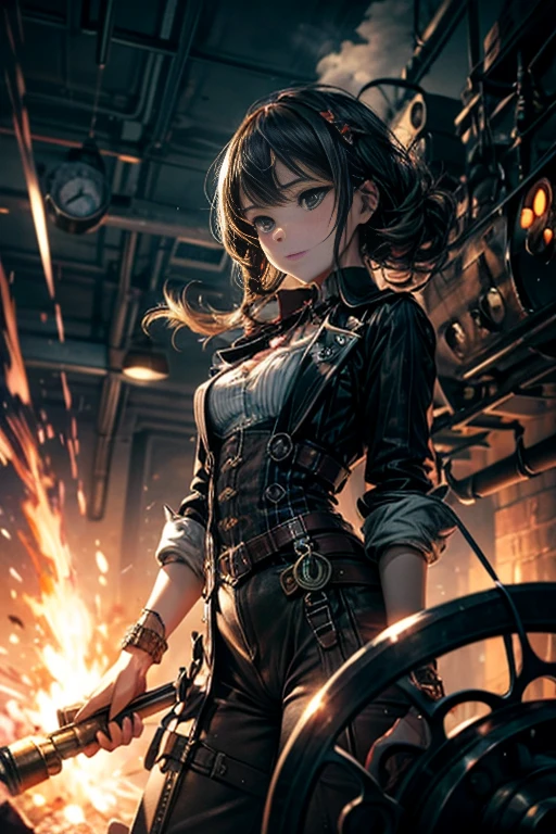Steampunk girl standing in front of a strange tank, --auto