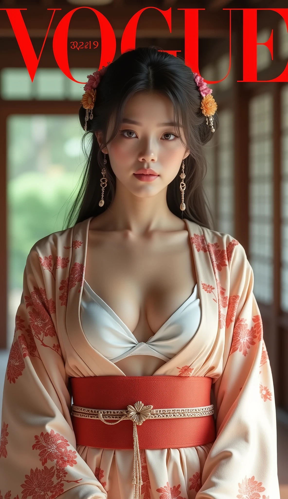Magazine front cover " VOGUE" written in middle Red decoration letters at the upon the screen Front pose, standing pose, head hold pose, Front view, cowboy, nice armpit, Aiko, Japanese girl, long straight hair, brunette, serious, pale skin, seriously
A young girl is inside the Japanese imperial palace, the daughter of the Japanese emperor, wearing traditional Japanese royal attire. The background reflects the elegance of ancient Japanese architecture, with intricate wooden designs, sliding shoji doors, and a serene garden visible in the distance. The girl's outfit is a beautiful kimono with an open center revealing a hot white bra, symbolizing her royal status, and her demeanor exudes grace and nobility.
(super detail, high details, high quality, accurate, anatomically correct, textured skin, beautiful fingers super detail, high details, high quality, best quality, huge cleavage, sexy), magazine look cover, luxury cover magazine, huge tits, sexy body, skinny, long straight hair, brunette, HD, realistic, magazine cover look, model pose, ultra realistic, blown wind effect, tan skin, innocent face, magazine cover look, detailing Magazine front cover " Vogue " written in middle Red decoration letters at the upon the screen Front pose, Create a precise "Vogue"' font, precision font magazines, The girl's outfit is a beautiful kimono with an open center revealing a hot white bra, sexy view, grace, detail fingering, ultra realistic detail, cool view, huge cleavage, hot bra