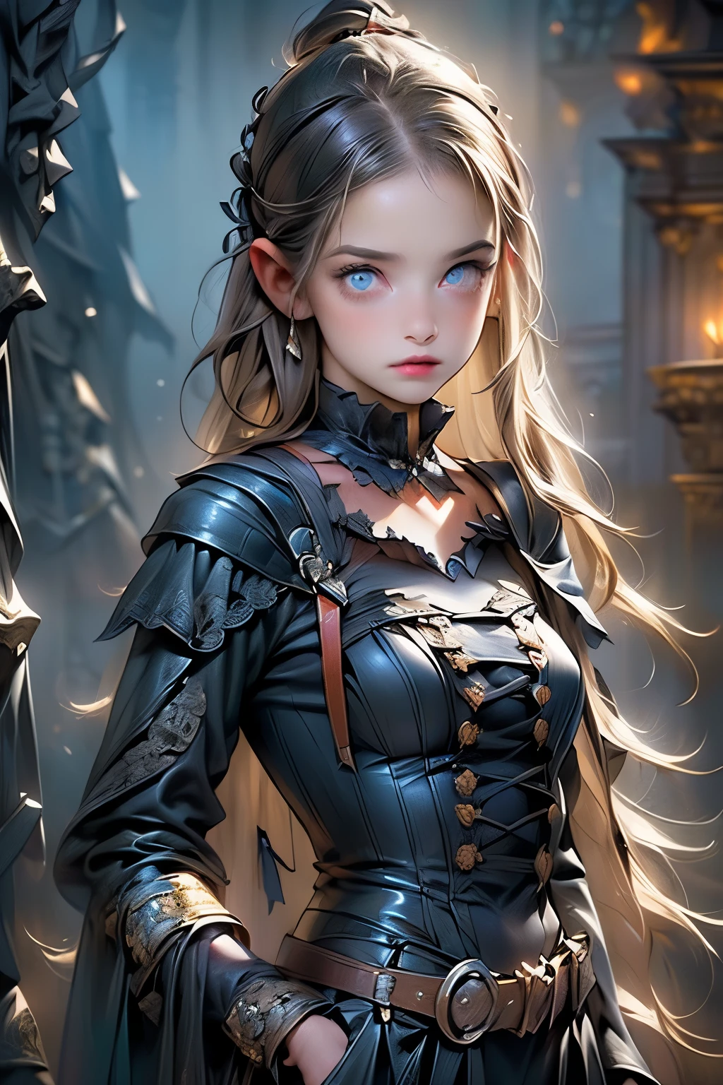((best quality)), ((masterpiece)), (detailed), (1girls), a female occultic knight, witch, knight, wielding a magical sword the blade of which seems to flicker in and out of reality, perfect face (((mastepiece, of the highest quality, super detailed))), photorealistic, Dark fantasy art, dark fantasy, ((gothic art)), ((Bloodborne inspired)), (Victorian era inspired), (Brotherhood Of The Wolf inspired), Lady Maria inspired, typical witches hat blended with a hunter's cap, (occultic vibe), (cosmic horror vibe), (occultic military uniform), (military witch), ((intricate and beautiful cloth and leather clothing)) (ritual), (ceremony), (coven), ((smoke heavy in the air)), ((a sense of great conflict and adversity)), ((mature, foreboding atmosphere)), ((a sense of an ongoing apocalypse)), ((end times aesthetic)), ((biblically evocative)), ((dark and gloomy)), ((((Highly detailed face)))), small thin nose, Small thin lips mouth, (((Very sharp focused eyes))), ((perfect symmetrical beautiful eyes)). looking here, (resolved expression), (resolute expression), (sad face), beautiful (((very small breasts))), (((little boobs))), (((tiny breasts))), (((flat chest:0.1))), (((very tiny boobs))), (((very flat chested))), ((blonde)) hair, ((long ponytail, thick ponytail, heavy ponytail)), very long eyelashes, soft lighting