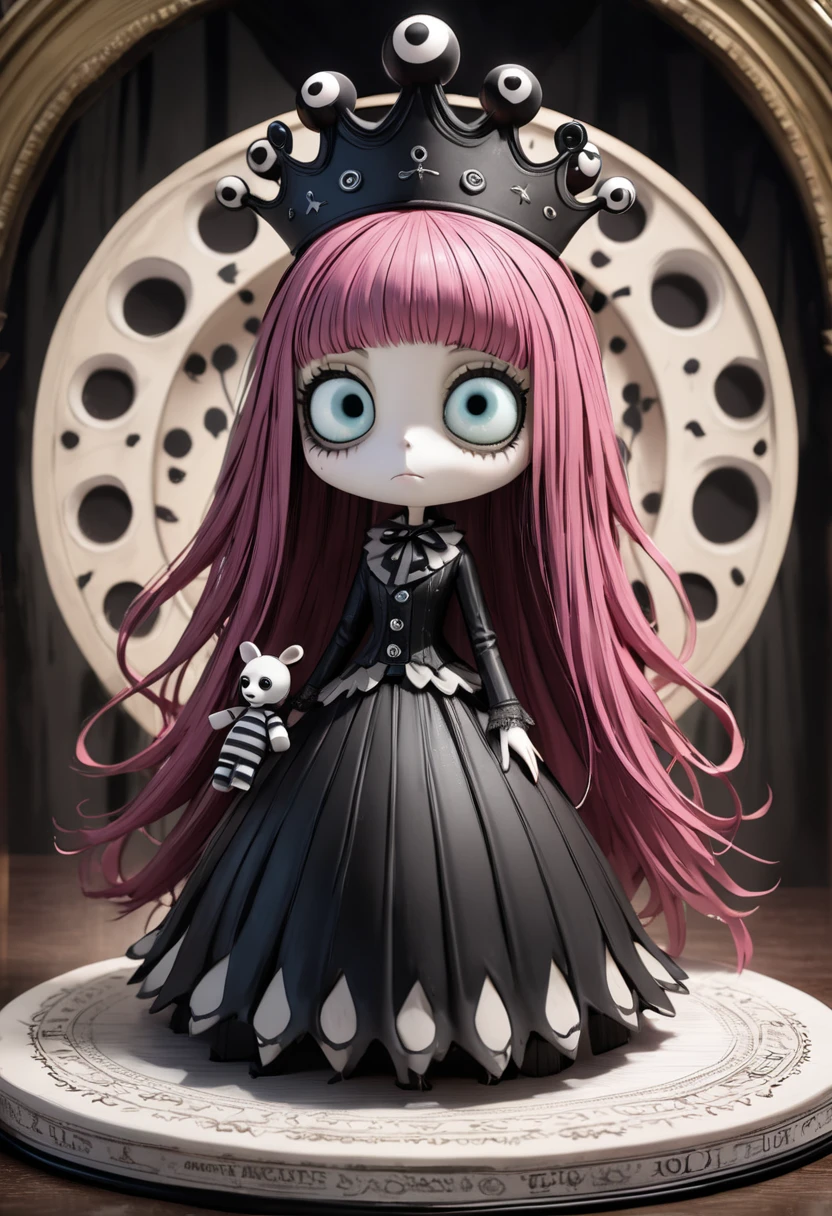 rubygloom_ruby, solid-best-physical-appearance-perfect::2, ((best quality, masterpiece, extremely detailed CG, ultra-detailed, intricate details:1.2)), 8k wallpaper, elaborate features, glistening shiny, glowing light, ray tracing, HDR, deph of field, (1girl, solo, ((chibi)), short hair, red hair, ahoge, eyelashes, black eyes, blush stickers, smile, freckles, white skin, full body), ((night sky, full moon, fog, dark atmosphere, eerie, mansion, moonlight, outdoors, dress, black dress, puffy short sleeves, pantyhose, striped pantyhose, mary janes, full body, sitting, crossed legs)), <lora:rubygloom_ruby:0.9>, <lora:hyperdetailer:0.8>