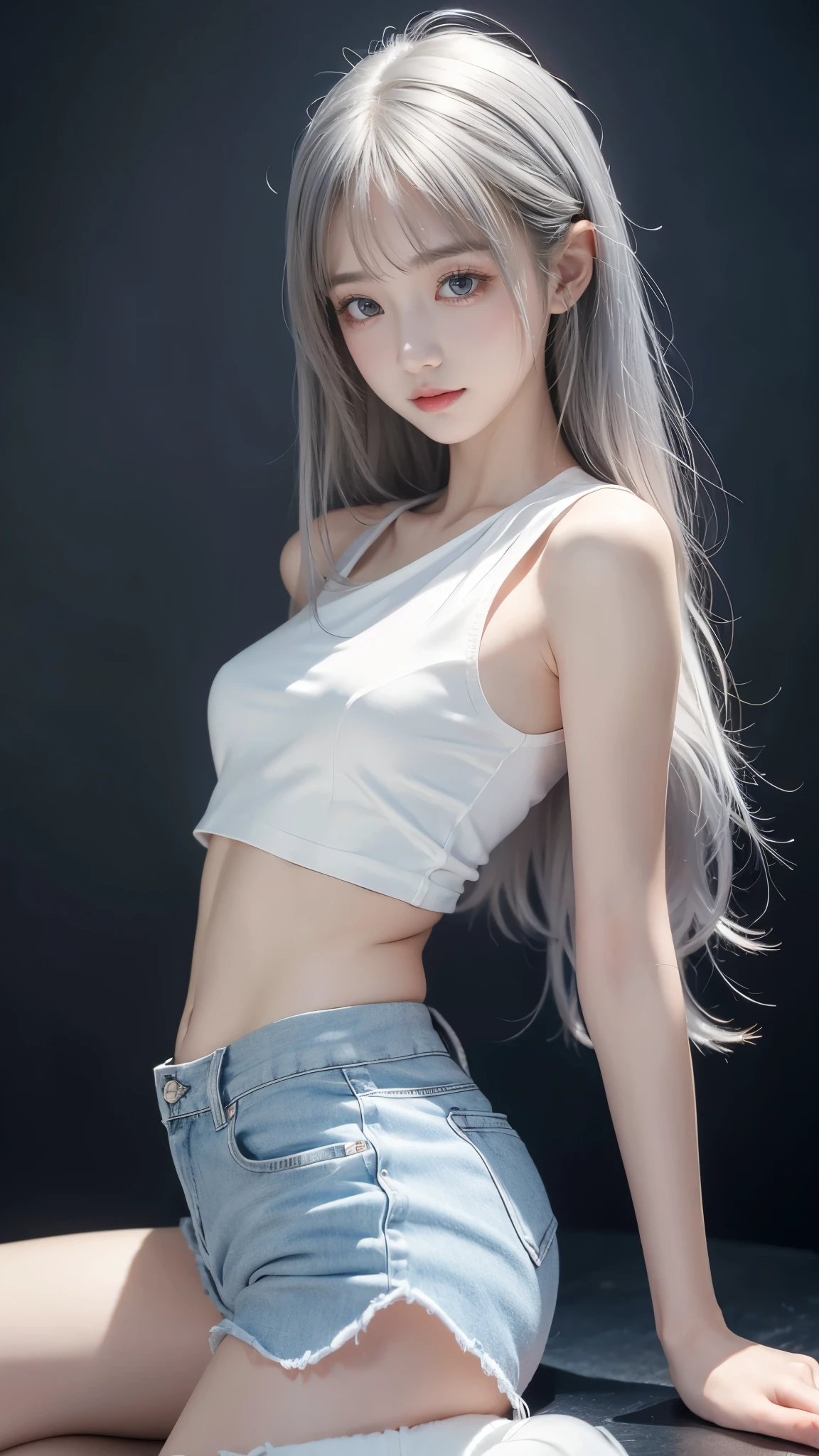 realisticlying, A high resolution, Colorful, 1 girl, alone, hip-up,Narrow, piercing eyes, long whitr hair,  Gorgeous accessories, Wear pearl earrings,pink silver hair,(((Flat Chest))),(Small waist),(((Thin legs))),((Small Ass)),A beautiful girl,