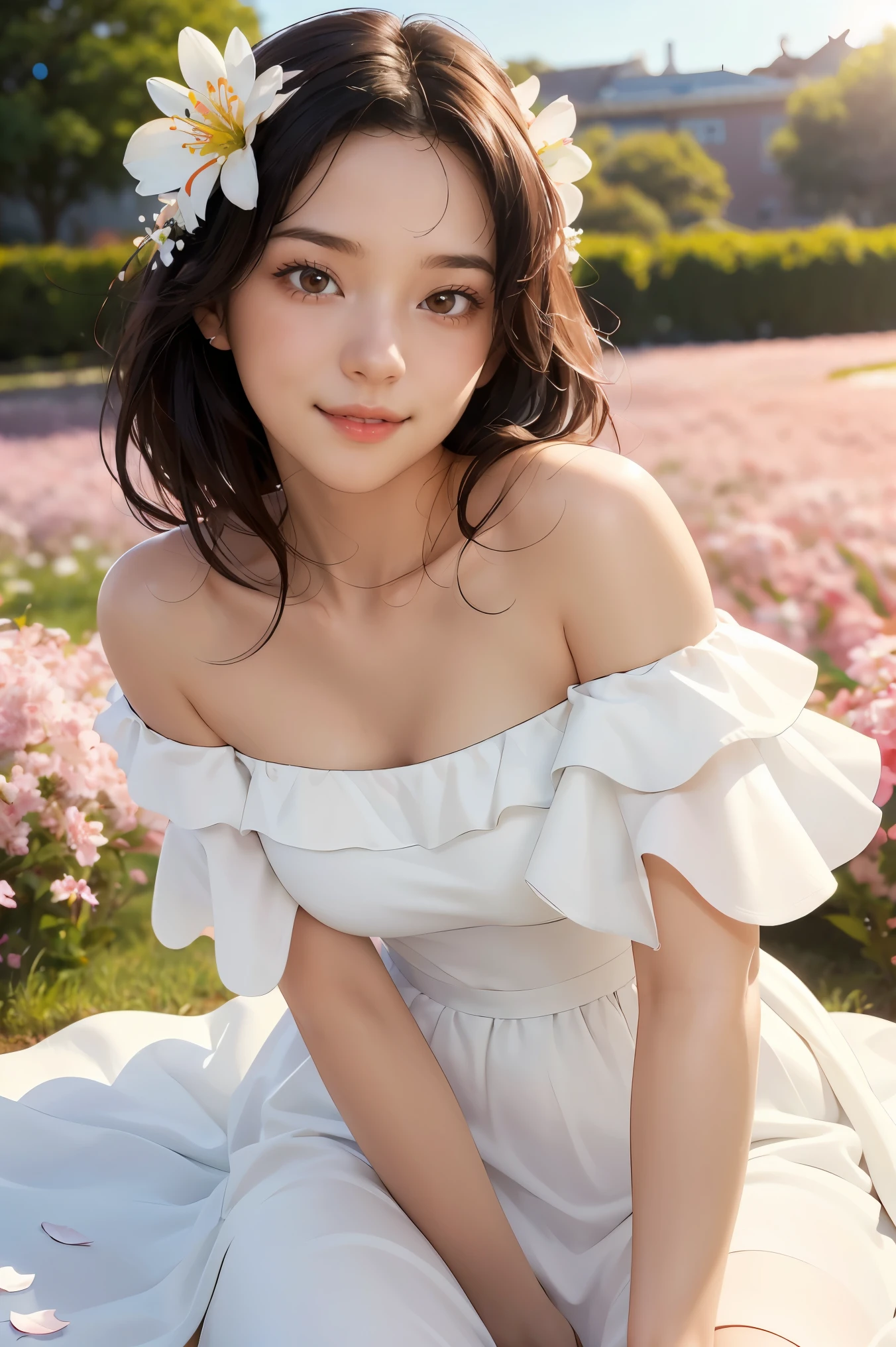 Best quality, masterpiece, ultra high res, (photorealistic:1.4), raw photo, 1girl, white dress, off shoulder, blossom flower field, glowing skin, light smile