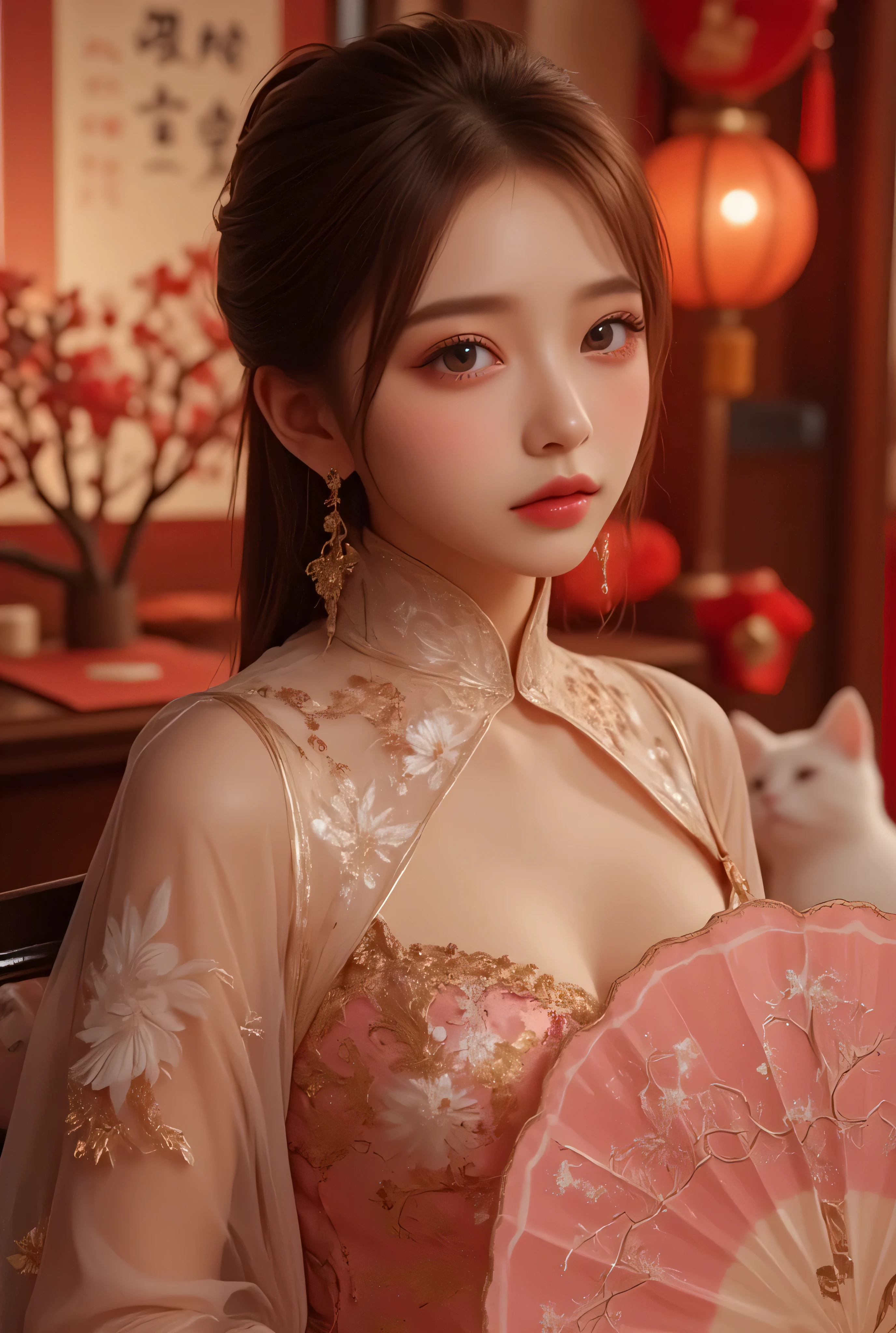 Cat ears、 face up, attractive, pretty girl, ponytail、 (( fine facial features , eroticism)), dramatic lighting , realistic , 8k, Dramatic Shadows , intricate and elaborate patterns , super detailed photo , chiaroscuro lighting , Pleasant colors , deep contrast , super real 、 pink lipstick、 warm room、Vintage Fireplace 、 cinematic composition、Close-up of face, pretty half part transparent open shoulder loose outfits dress, tang style, A beautiful Korean idol wearing a one piece red- black tightly cheongsam with phoenix and intricate floral golden embroidery, golden and silver outline on dress, hand hold pink feathers transparent Chinese fan with golden ink painting of bird and tree , standing gracefully in a room filled with traditional Chinese New Year decorations. The room features vibrant red lanterns, decorative calligraphy scrolls, a small Chinese orange tree with golden ornaments, and several red envelopes scattered across the floor and hanging from the tree. Adorable, playful cats are part of the scene—some sitting near the tree, others curiously pawing at the red envelopes or lounging around. Through a window or an open door in the background, vibrant Chinese fireworks light up the night sky in an array of reds, golds, and blues, casting a magical glow into the room. The idol’s outfit is paired with subtle accessories like red hairpins or earrings, complementing the festive look. The atmosphere is warm and lively, filled with the joyful essence of the celebration, enhanced by the shimmering lights of the fireworks and the lively decor.