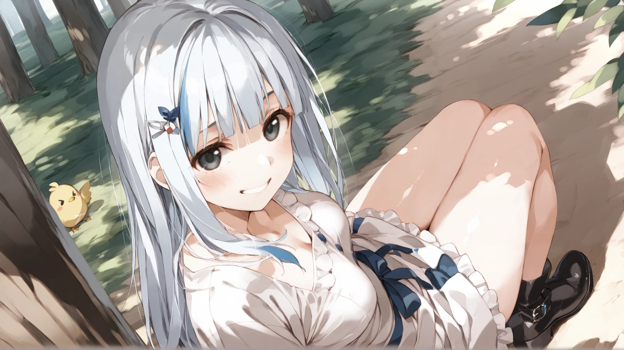 One personの Girl、( Masterpiece, ultra detail , clear focus , shadow, Ultra High Resolution , 8k, perfect anatomy, Perfect face, ( detailed face ), ( detailed eyes )、 eyes、Best Quality、, Girl、I'm wearing shoes that look like black short boots、blunt bangs, no stray hair、White Hair、 long hair、double eyelids、 black eyes、白い肌クールな Girl、One person、About 22 years old 、 smiling 、 c cup breasts 、 about 160 cm tall 、 with just the right amount of flesh 、Beautiful, shiny hair、She is wearing a tiered dress、a necklaceを身に着けている、noon、Forest of Sunlight filtering through the trees、Standing gracefully in the woods、 bird view 、Overhead camera work、 cute、 angle of view from the front、