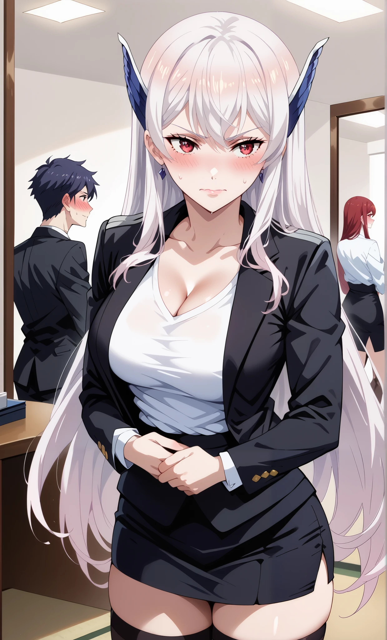1 Girl,single,Long hair,breast,Look at the audience,Smile,Open your mouth,Bangs,Black Hair,Hair accessories,Red Eyes,Long sleeve,dress,clasped,Hair between the eyes,Jewelry,Sitting,clavicle,jacket,arms,White hair,heart,Colored hair,earrings,小breast,food,Open clothes,wing,horn,Alternating clothing,necklace,Hairpin,Nail polish,握手arms,黑色dress,Two-tone hair,gun,Bare Legs,黑色necklace,Halo,perforation,白色jacket,Cross your legs、魔horn、Shadow Face、Piercing the ears、持gun、Black Nail、手gun、Magic Wings、spaghetti、Monowing、Target your audience