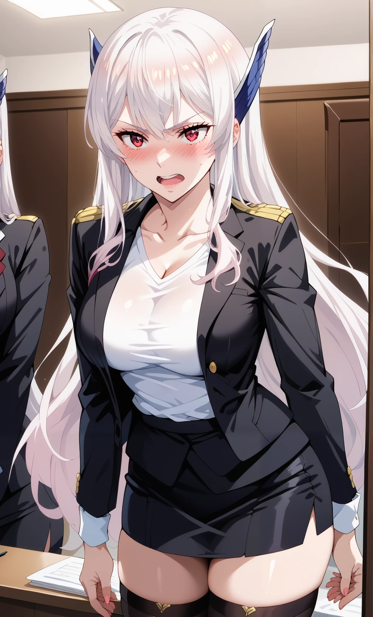 score_9, score_8_up, score_7_up, source_anime, 4K,perfect fingers,(perfect hands, perfect anatomy),prefect lighting, very aesthetic, intricate details,highly detailed background, masterpiece, high quality, best quality,
1girl,solo,kyoukauzen, kyouka uzen, long hair, red eyes, very long hair, white hair, large breasts,,
wearing ((office lady, black suit jacket,white t-shirt ,cleavage,black pencil Skirt,thighhighs,))
perverted woman, (embarrassed:1.6) woman,in front of mirror,selfie,hip tilt,,upper body, seductive smile, sexy, open mouth 、