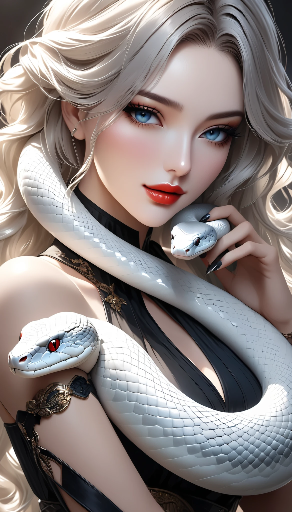 A beautiful woman is playing with a realistic white snake