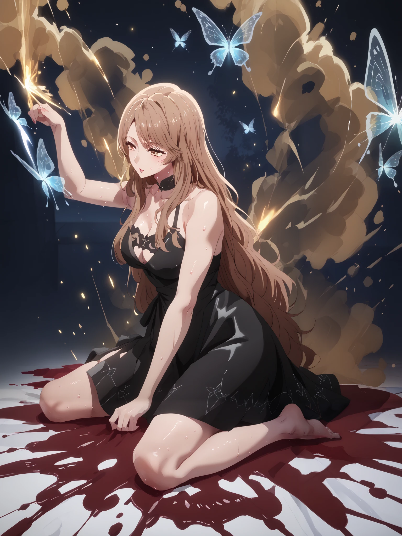 score_9, score_8_up, score_7_up, uncensored, source_anime, miyako saitou, long hair, brown hair, brown eyes, Large breasts, anime coloring, anime screencap, (voluptuous:1.3), (thick:1.3), BREAK UHD, retina, masterpiece, accurate, anatomically correct, textured skin, super detail, high details, high quality, award winning, best quality, highres, 4K, excessive sweating, sweating, sweating drop, (gasping, heavy breathing:1.3), (skindentation:1.2), perfect eyes, beautiful eyes, eyelashes, makeup, detailed body, perfect body, BREAK, 1girl, solo, dress, bug, barefoot, wings, butterfly, black_dress, sitting, blood, wariza, breasts, cleavage, collarbone, bare_shoulders, (aura:1.4)